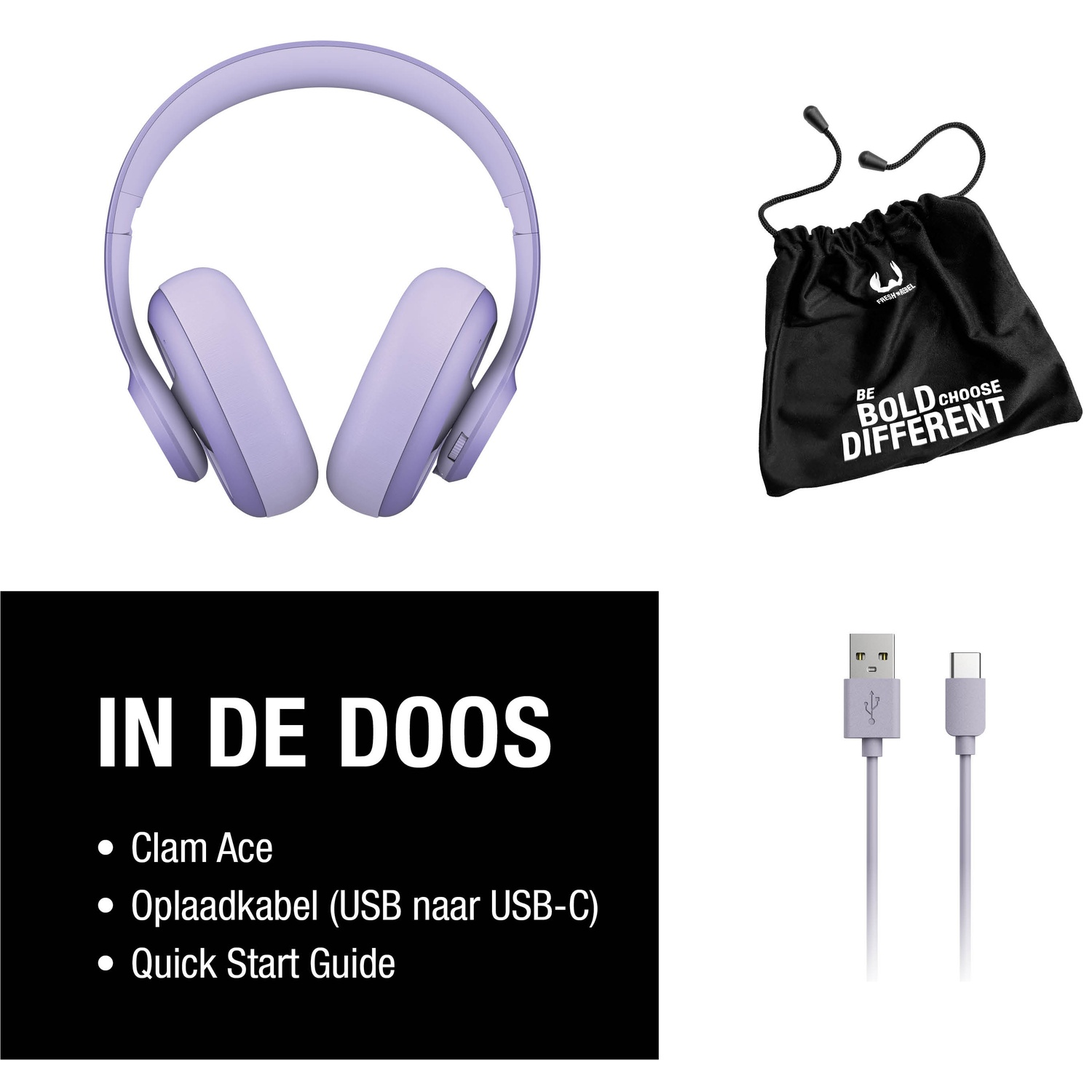 L'image montre un casque, un sac de transport, un câble USB et le texte: 'IN DE DOOS', 'Clam Ace', 'Quick Start Guide'.