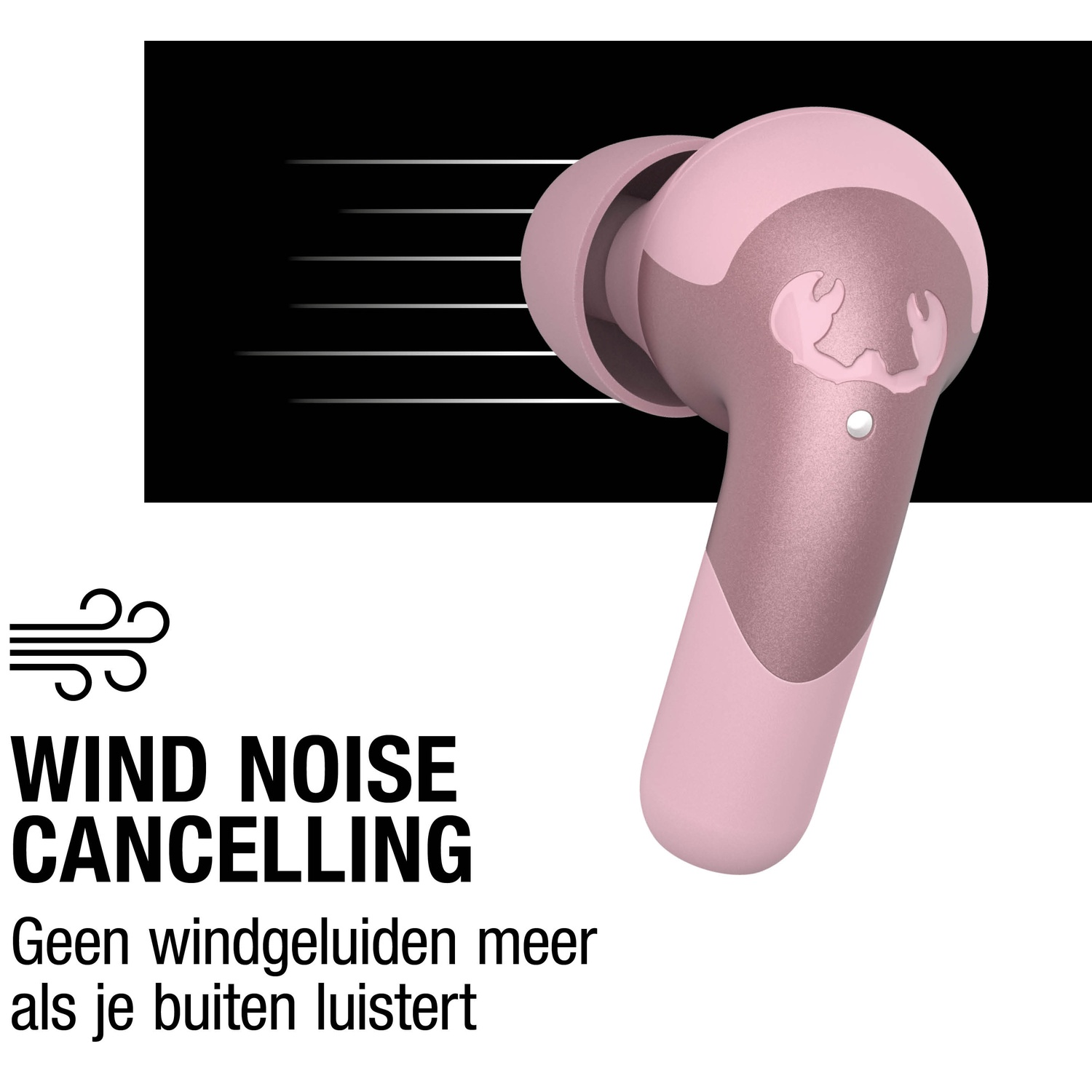 Roze draadloze oortelefoon op witte achtergrond met windruisonderdrukking. Kreeftlogo op oortelefoon.