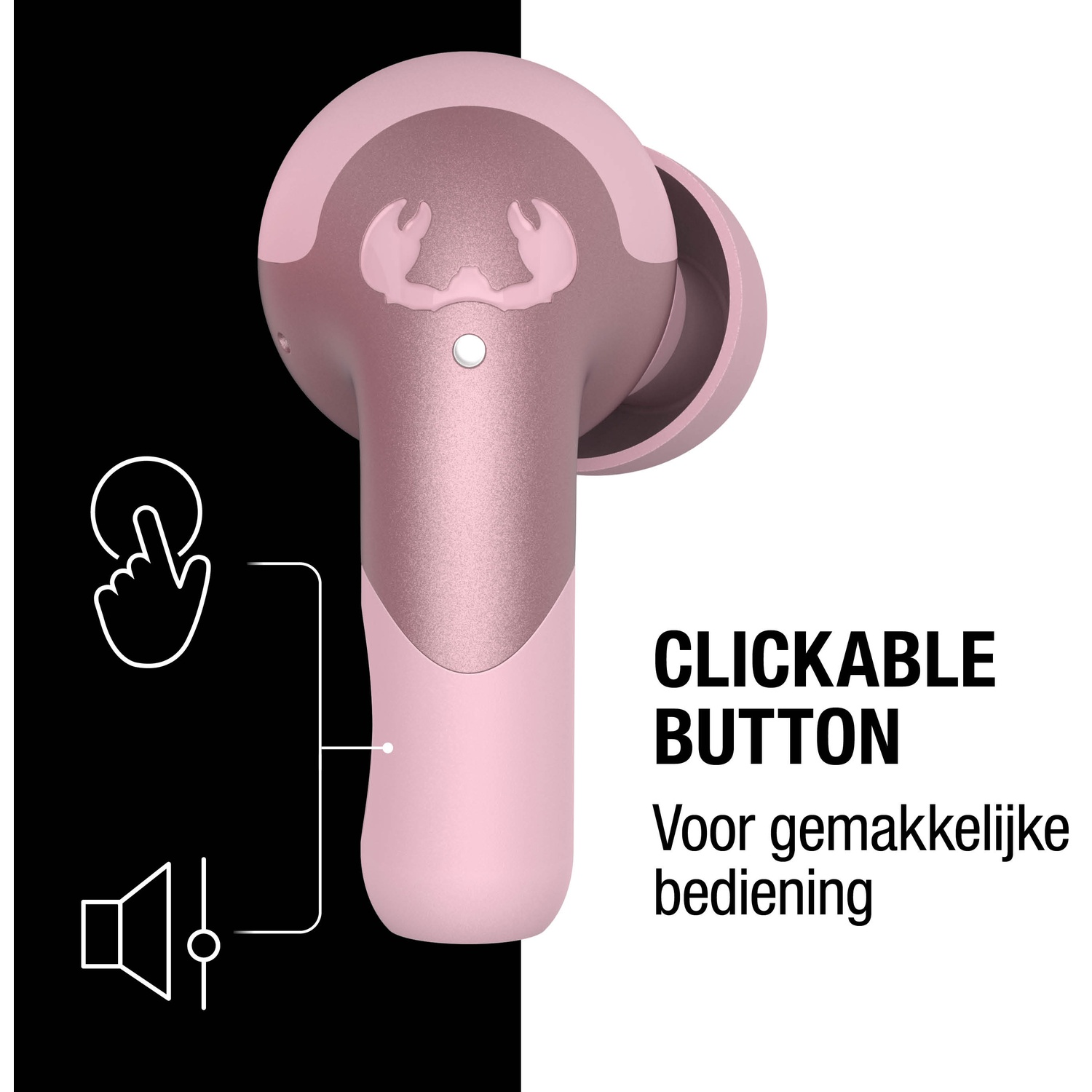 Roze oortelefoon met klikbare knop, witte pictogrammen en tekst in het Nederlands. De oortelefoon heeft een krablogo.