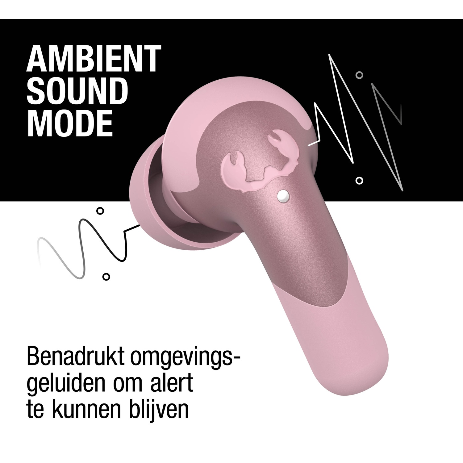 Roze oordopje met logo, tekst 'Ambient Sound Mode' en geluidsgolfgrafiek op witte achtergrond met zwarte accenten.