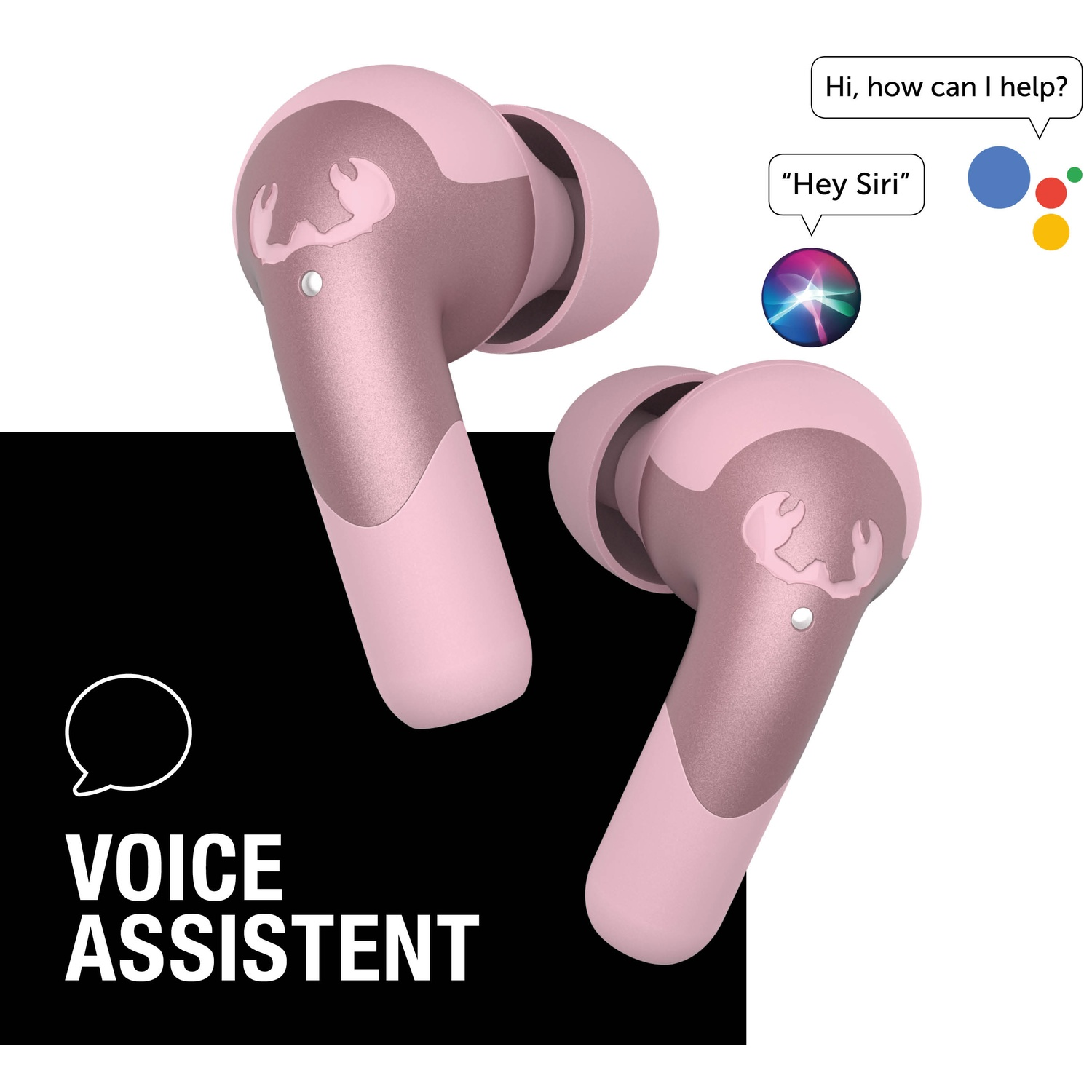 Roze draadloze oordopjes met spraakassistent. Tekstballonnen zeggen 'Hi, how can I help?' en 'Hey Siri'. Siri-logo zichtbaar.