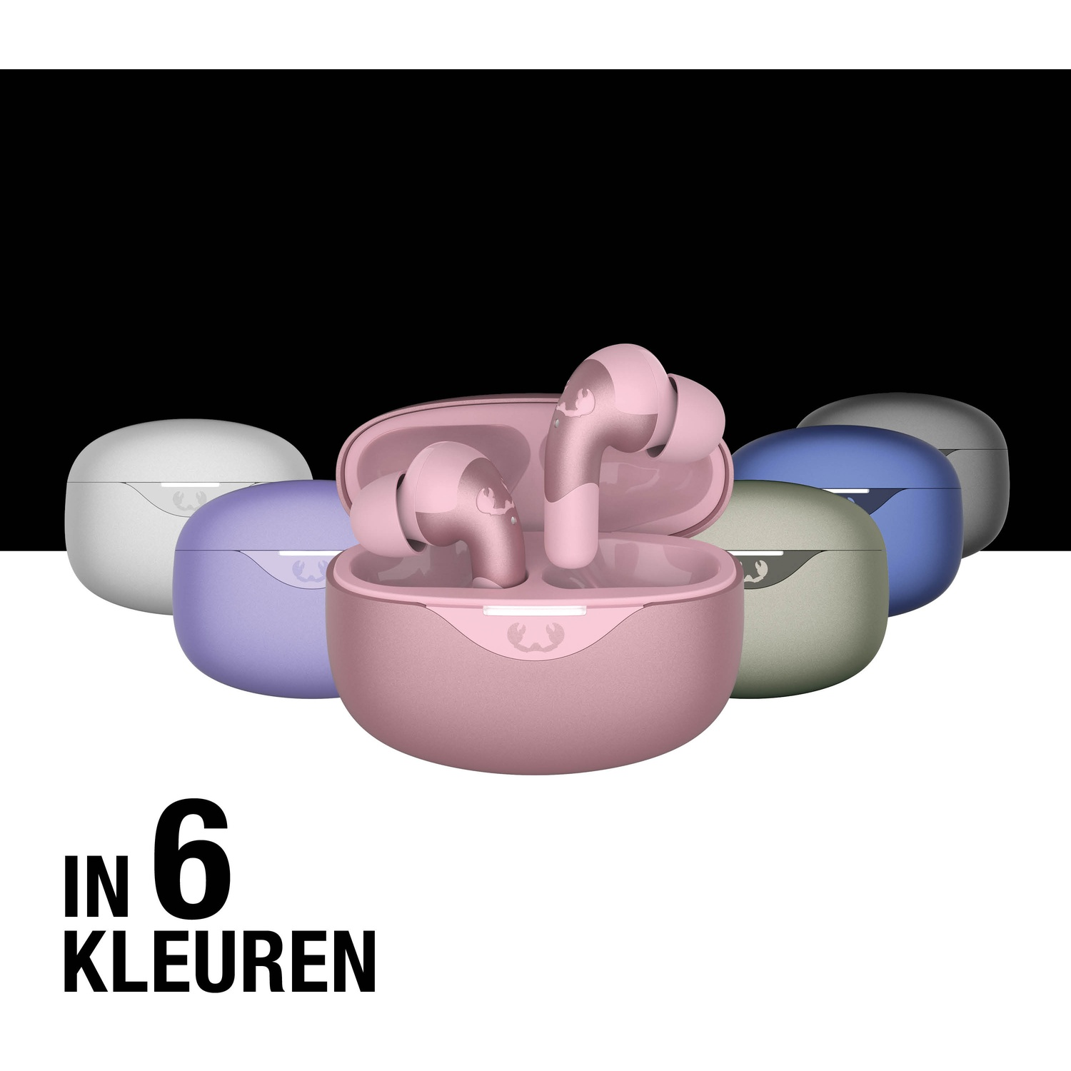 Afbeelding toont oortelefoons in zes kleuren: roze, paars, groen, grijs, blauw en wit, met het woord 'in 6 kleuren' eronder.