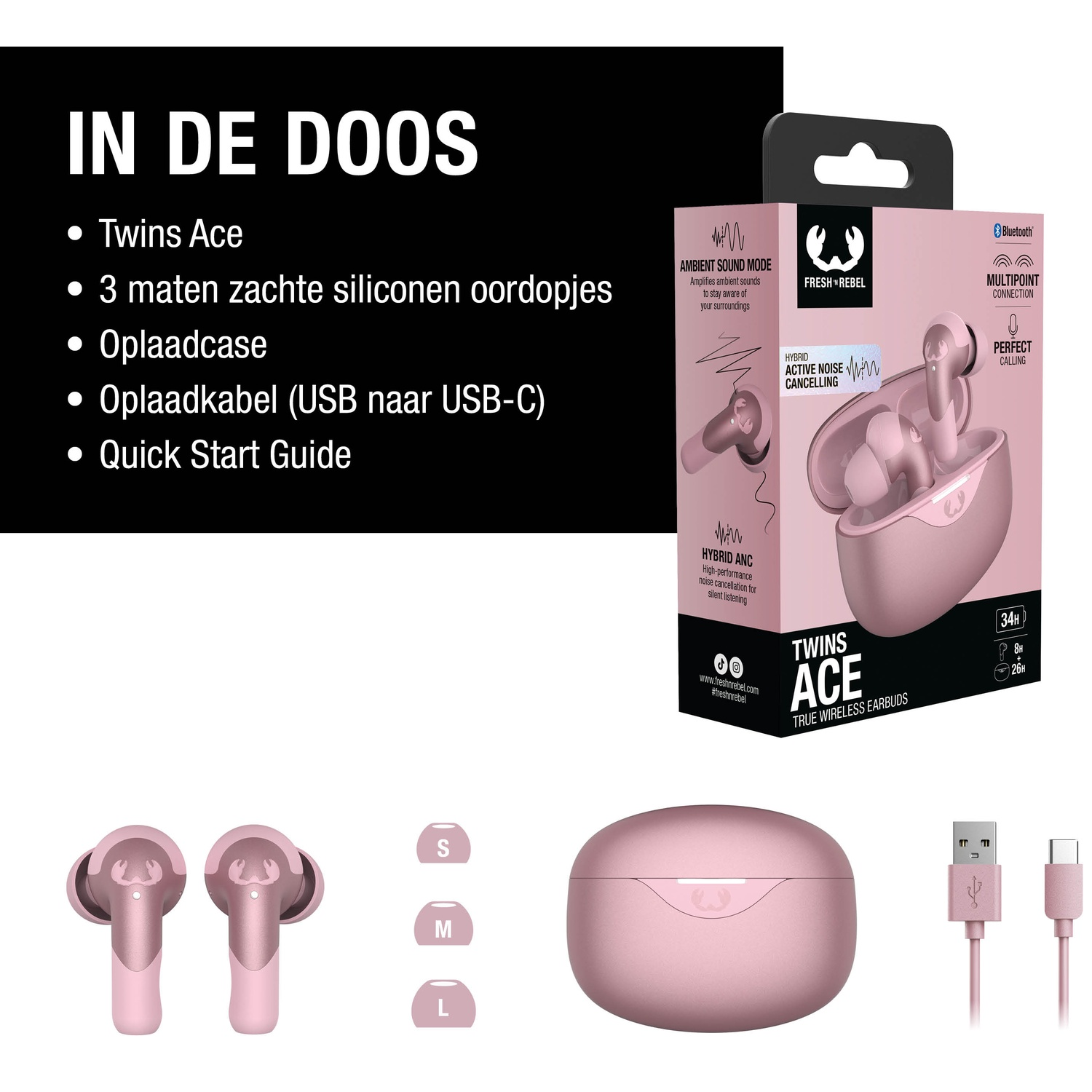 Roze Twins Ace oordopjes, oplaadcase en USB-C-kabel. De doos toont functies zoals actieve ruisonderdrukking.
