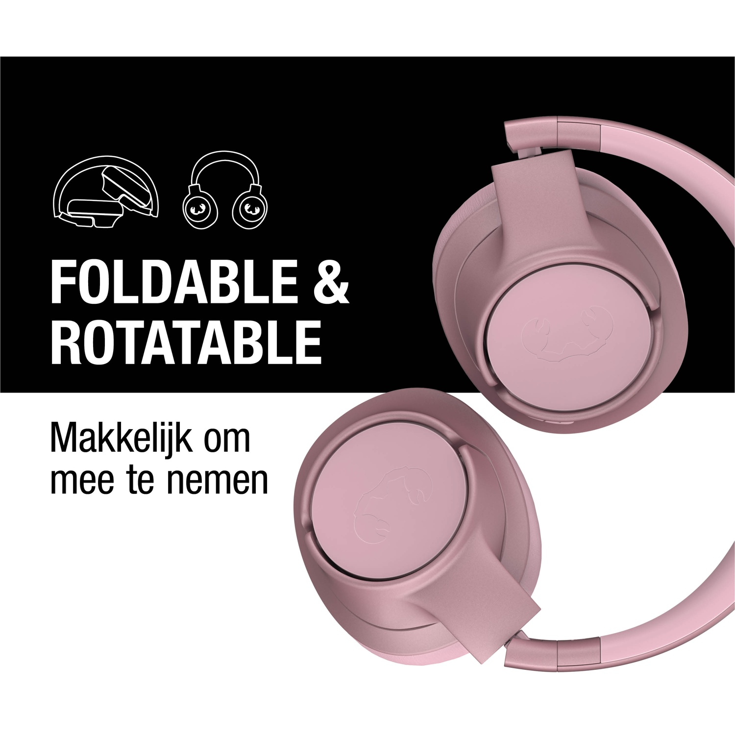 Roze koptelefoon op witte achtergrond. Tekst zegt 'Foldable & Rotatable' en 'Easy to take along'.