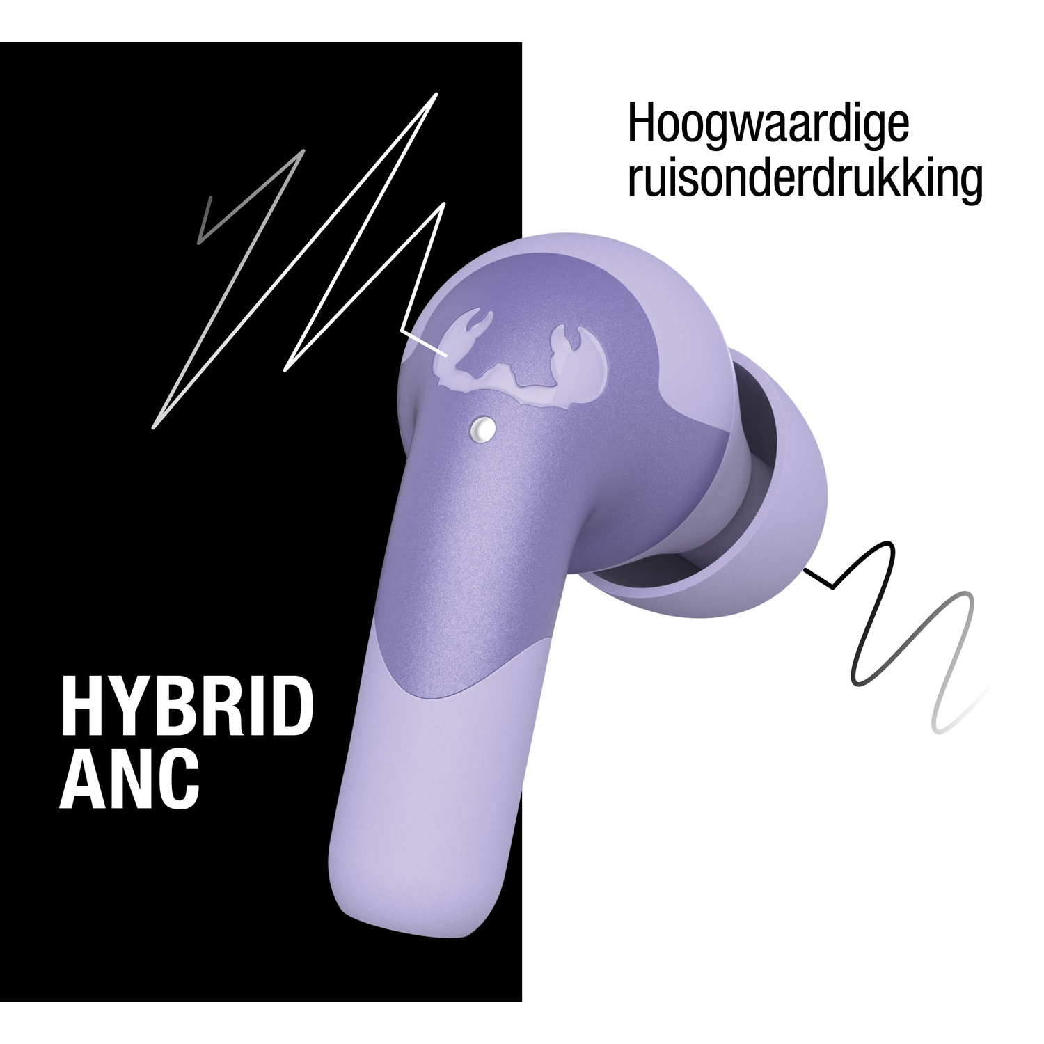 Een paarse oordop met 'HYBRID ANC' tekst op een zwarte achtergrond. Ruisonderdrukking tekst staat op een witte achtergrond.