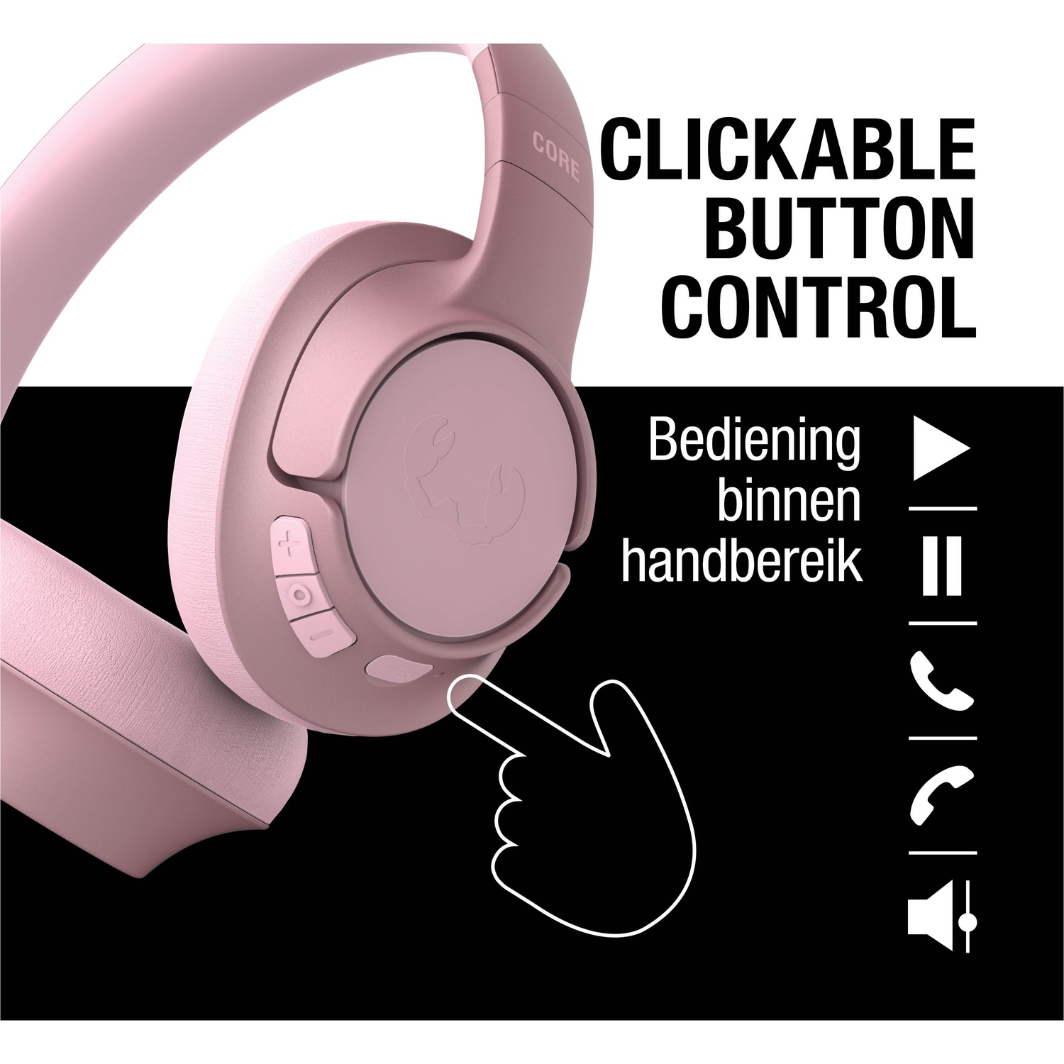 Roze koptelefoon met klikbare knopbediening, hand die wijst, en iconen op zwarte achtergrond. Tekst: 'Bediening binnen handbereik'.
