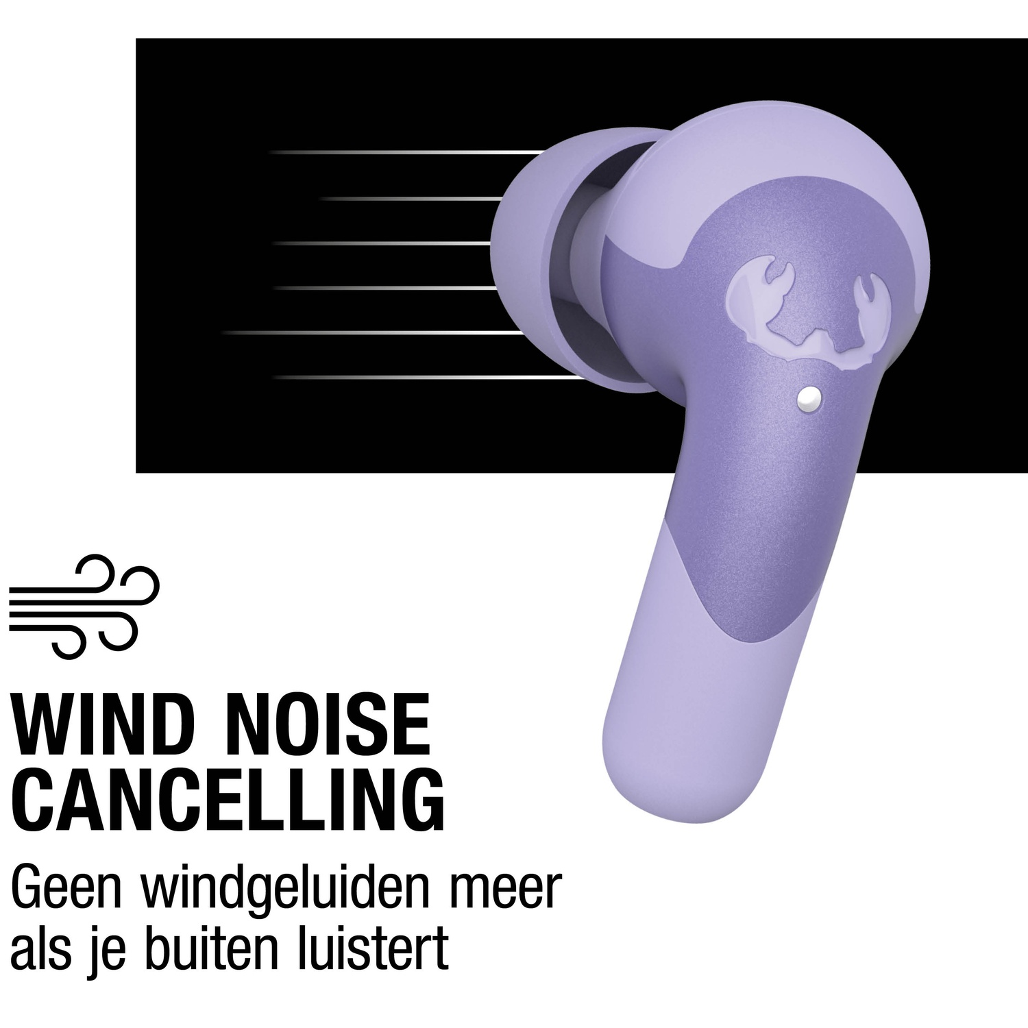 Een paarse draadloze oortelefoon met logo op een witte achtergrond, tekst luidt 'WIND NOISE CANCELLING'.