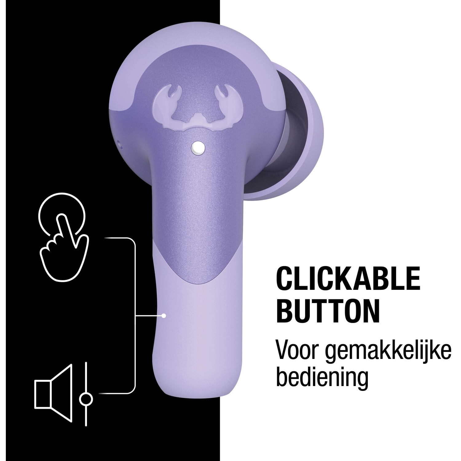 Een paarse oortelefoon met een krabontwerp. Tekst luidt 'CLICKABLE BUTTON' en 'Voor gemakkelijke bediening', wat eenvoudige bediening aangeeft.