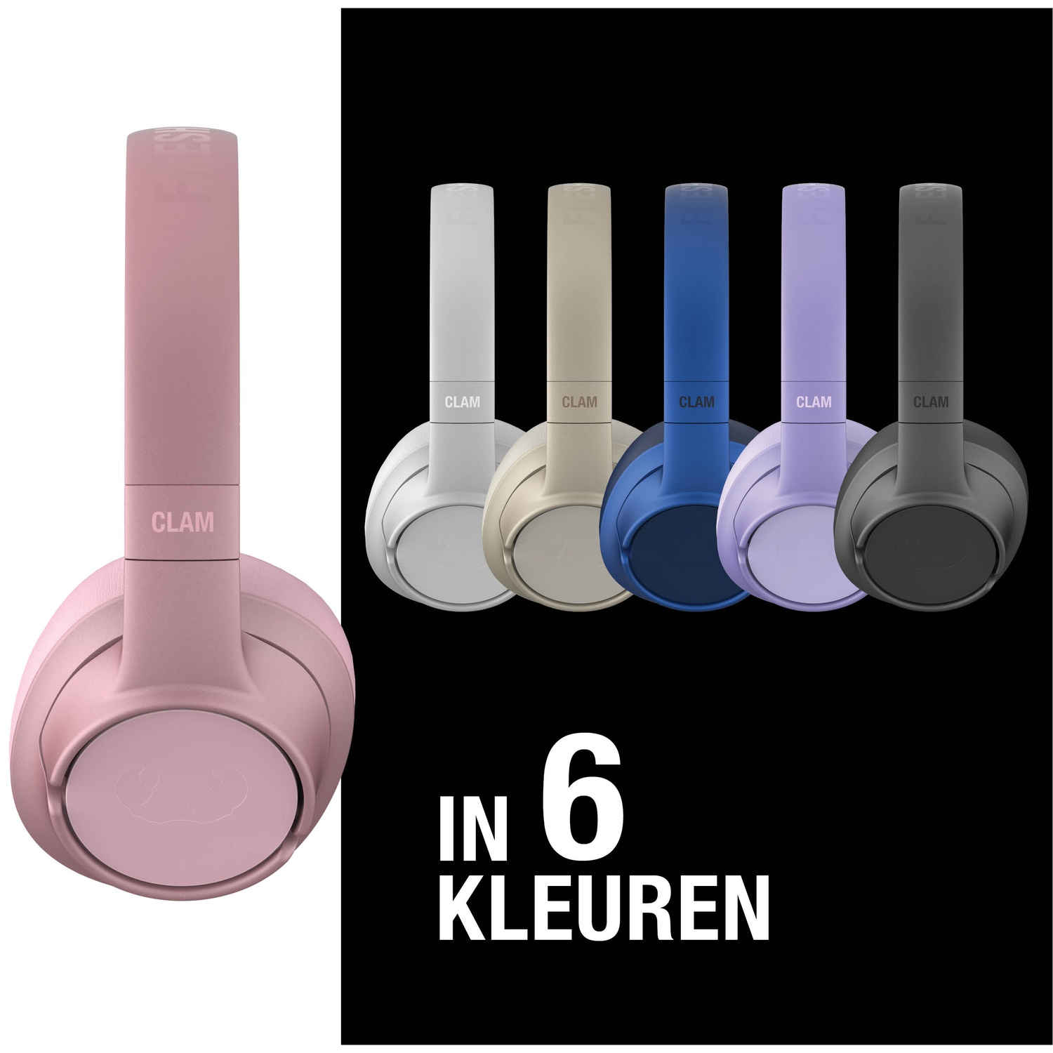 Roze koptelefoon op de voorgrond, zes verschillende kleuren koptelefoons op de achtergrond, tekst 'IN 6 KLEUREN'.
