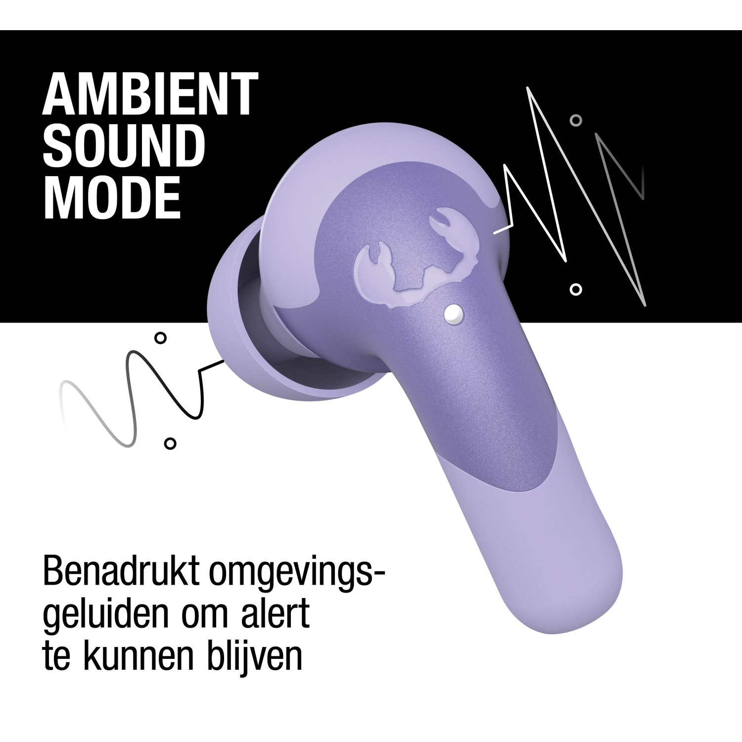 Een paarse oortelefoon met logo. Tekst: 'AMBIENT SOUND MODE' en 'Benadrukt omgevingsgeluiden om alert te kunnen blijven'.