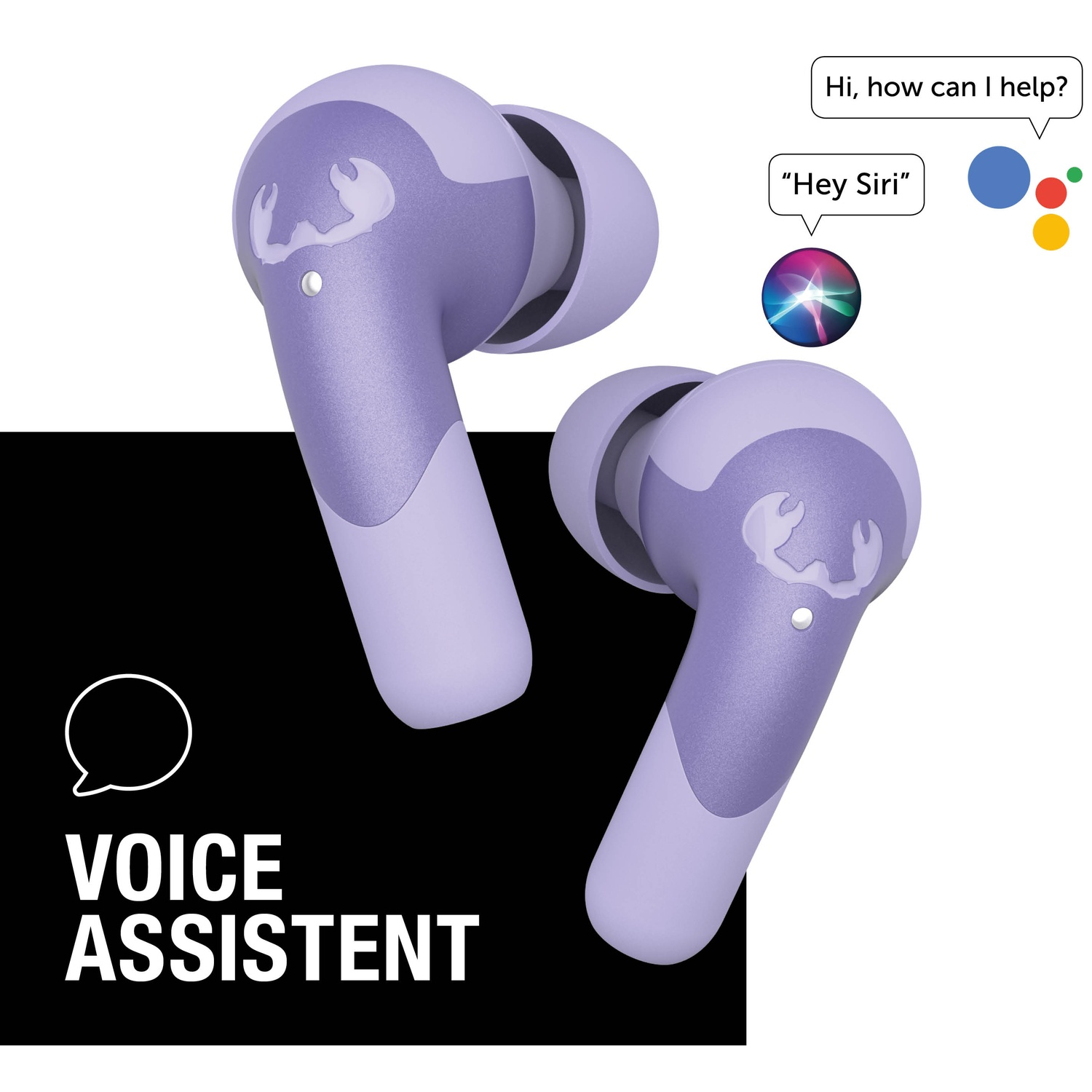 Twee paarse draadloze oordopjes, tekstballonnen met 'Hallo, hoe kan ik helpen?' en 'Hé Siri'. Spraakassistent-tekst op zwart.