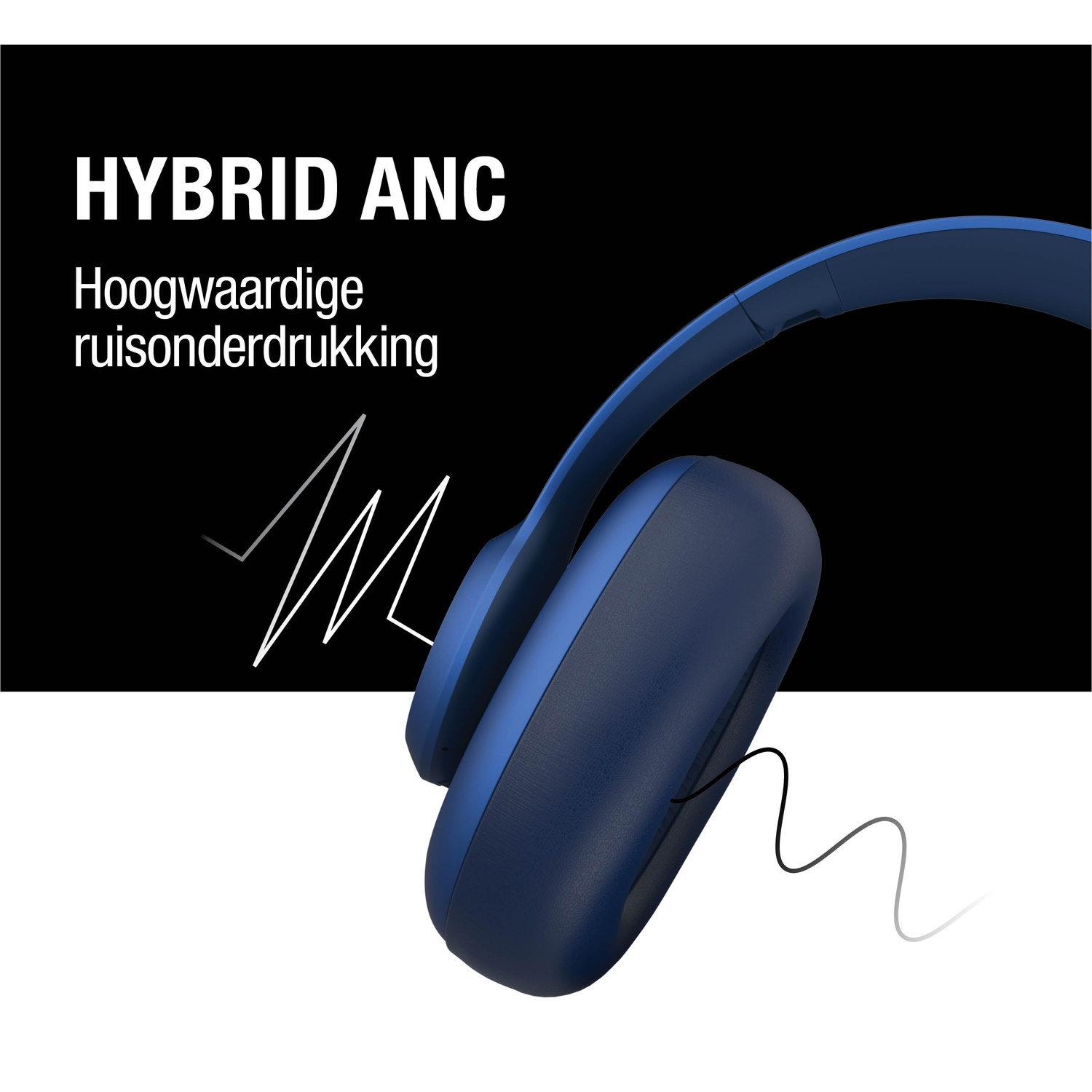 Casque bleu avec texte 'HYBRID ANC'. Le texte 'Hoogwaardige ruisonderdrukking' est présent, avec une forme d'onde blanche.