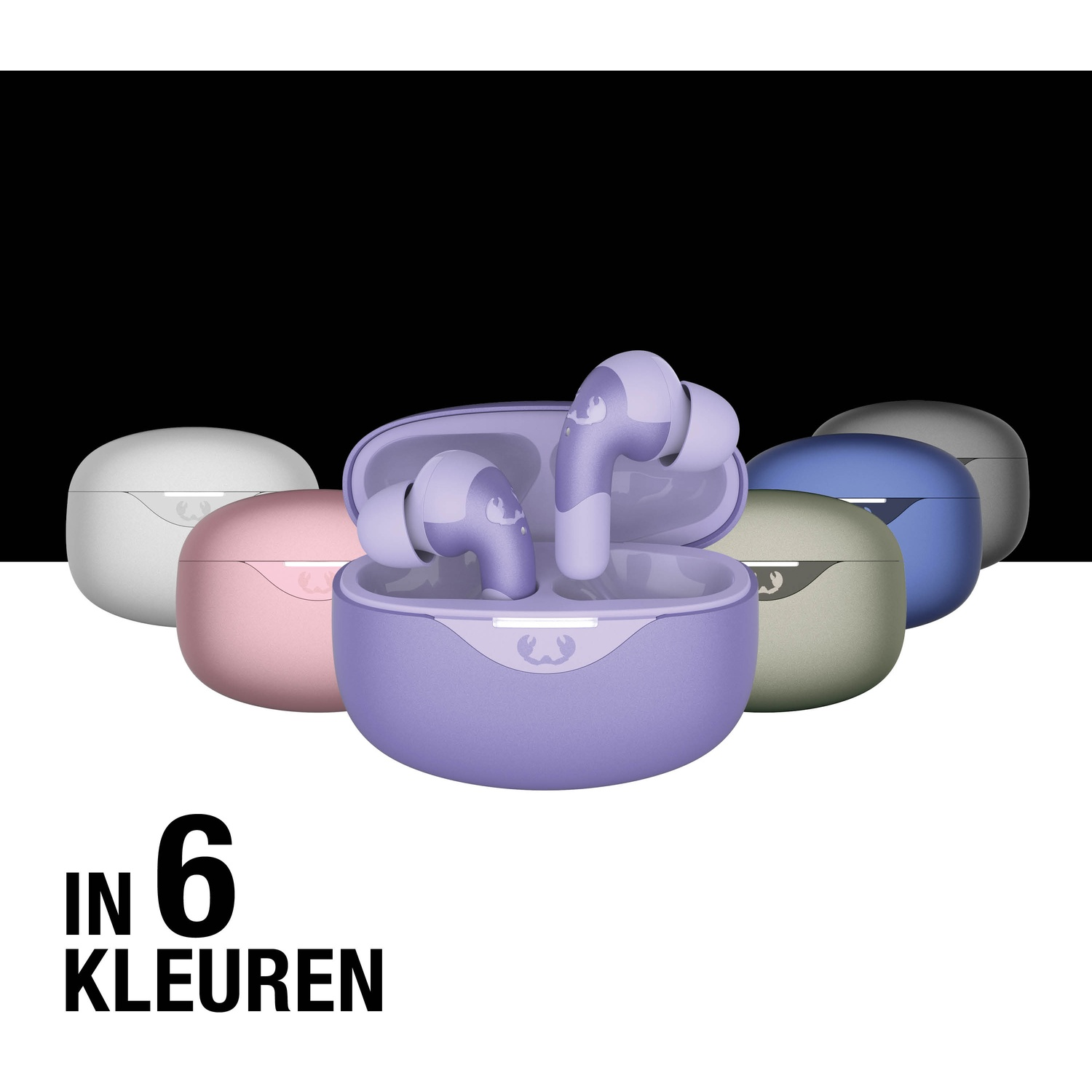 Zes paar oortelefoons in verschillende kleuren worden op een witte achtergrond weergegeven. 'IN 6 KLEUREN' staat onderaan.