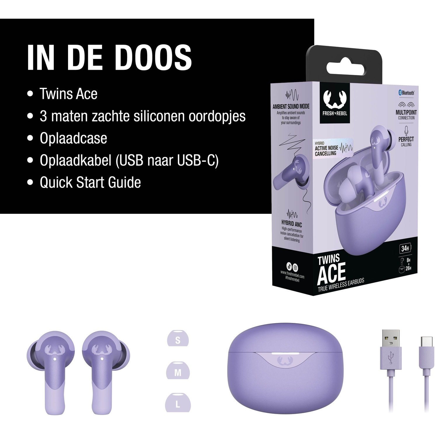 Afbeelding toont Twins Ace oordopjes, een oplaadcase, USB-kabel en een doos met functies.