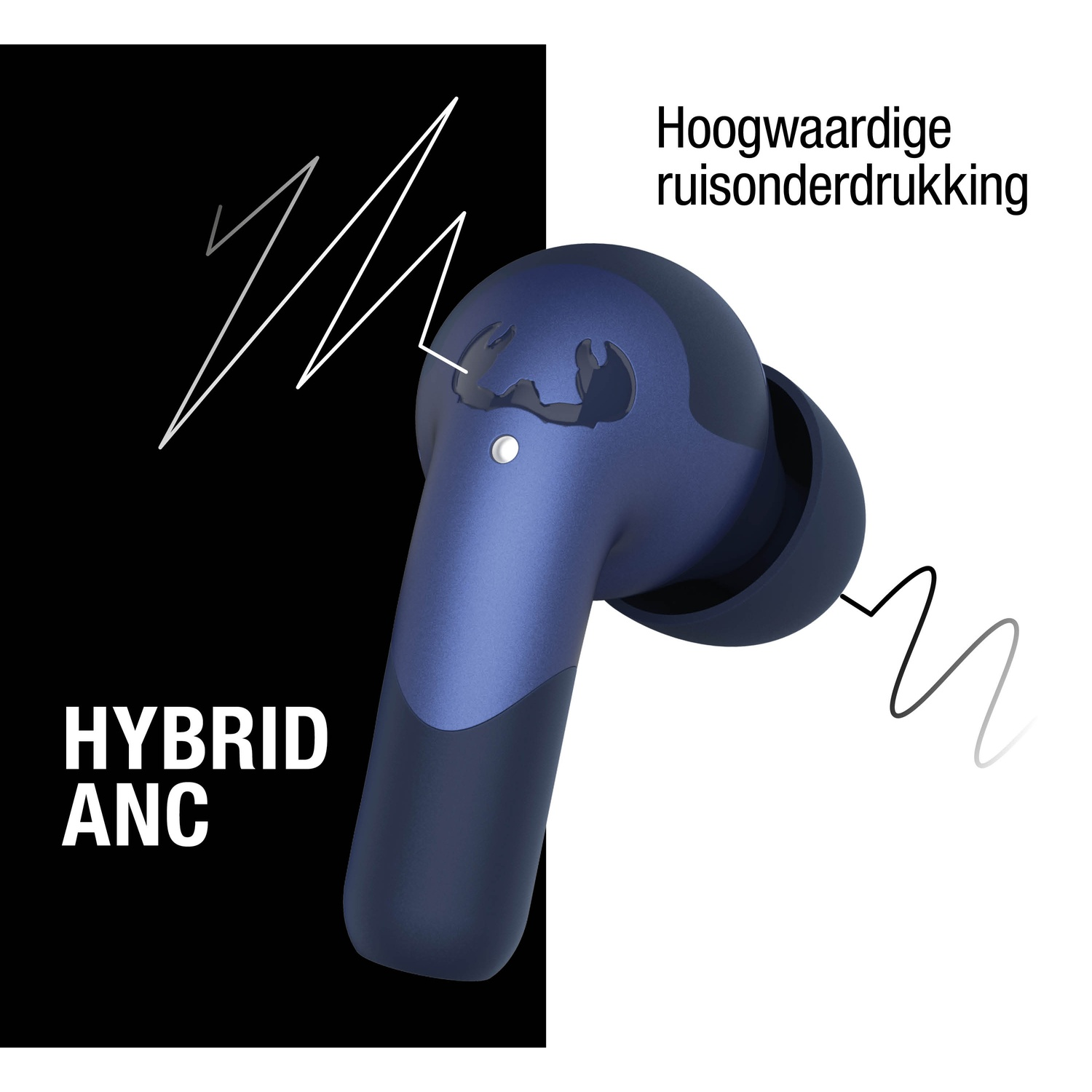 Blauwe draadloze oortelefoon met witte lijnen op zwart-witte achtergrond. Tekst: 'HYBRID ANC' en 'Hoogwaardige ruisonderdrukking'.