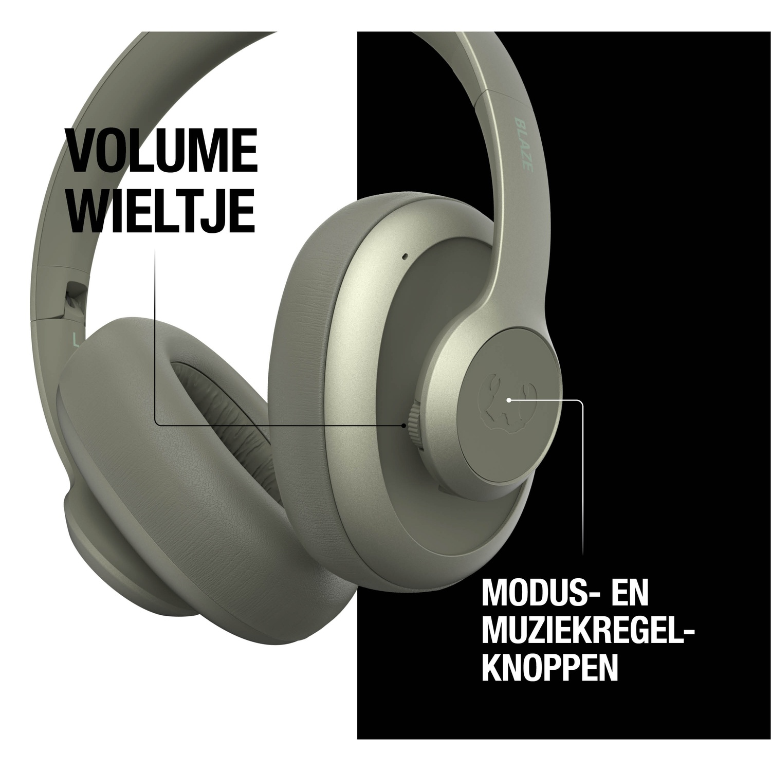 Casque olive sur fond noir et blanc. Le texte indique la molette de volume et les boutons de contrôle mode/musique.