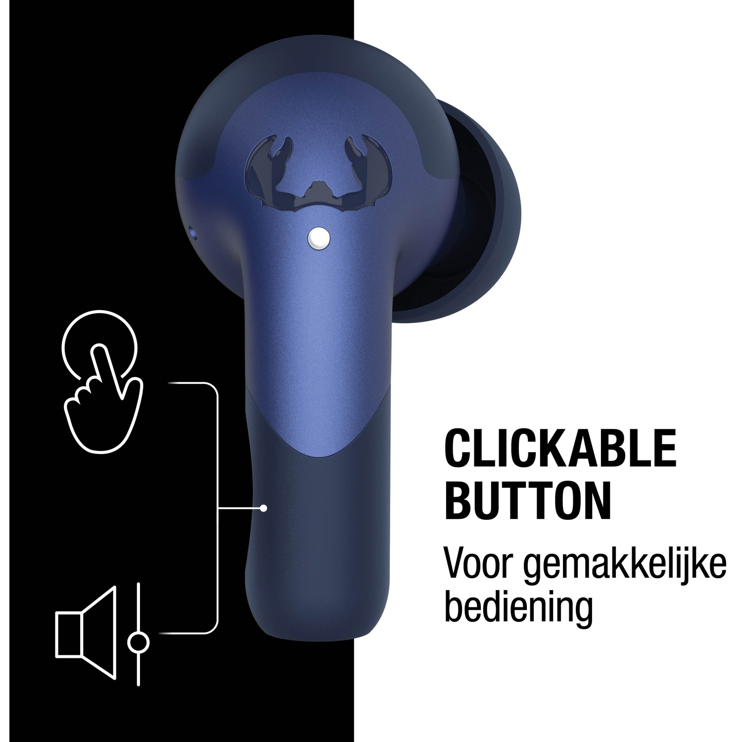 Een blauwe oortelefoon met een klikbare knop, met de tekst 'CLICKABLE BUTTON' en 'Voor gemakkelijke bediening'.