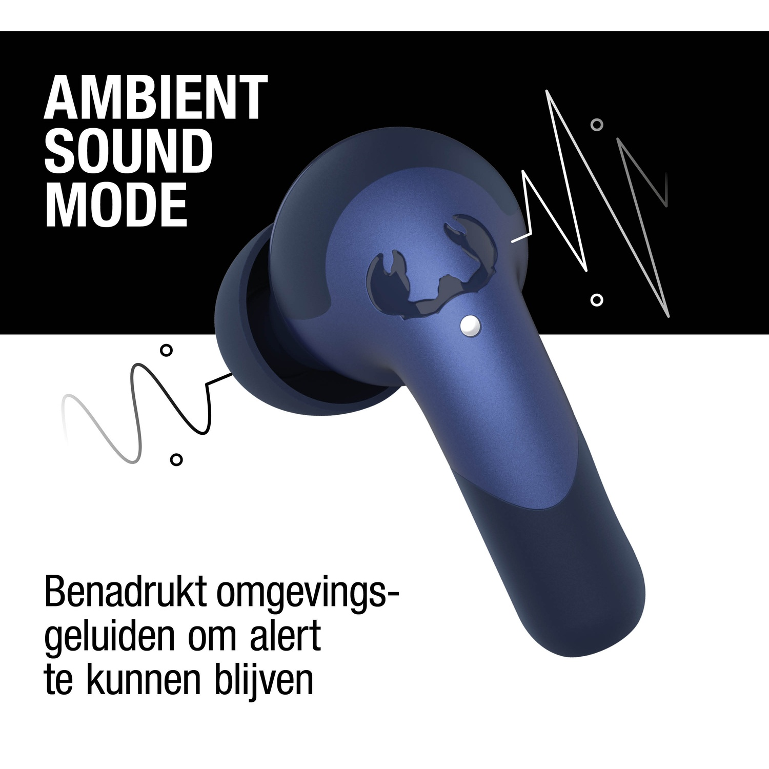 Een blauwe oortelefoon met logo. Tekst: 'Ambient Sound Mode'. Een golf wordt afgebeeld. De tekst eronder zegt: 'Benadrukt omgevingsgeluiden'.