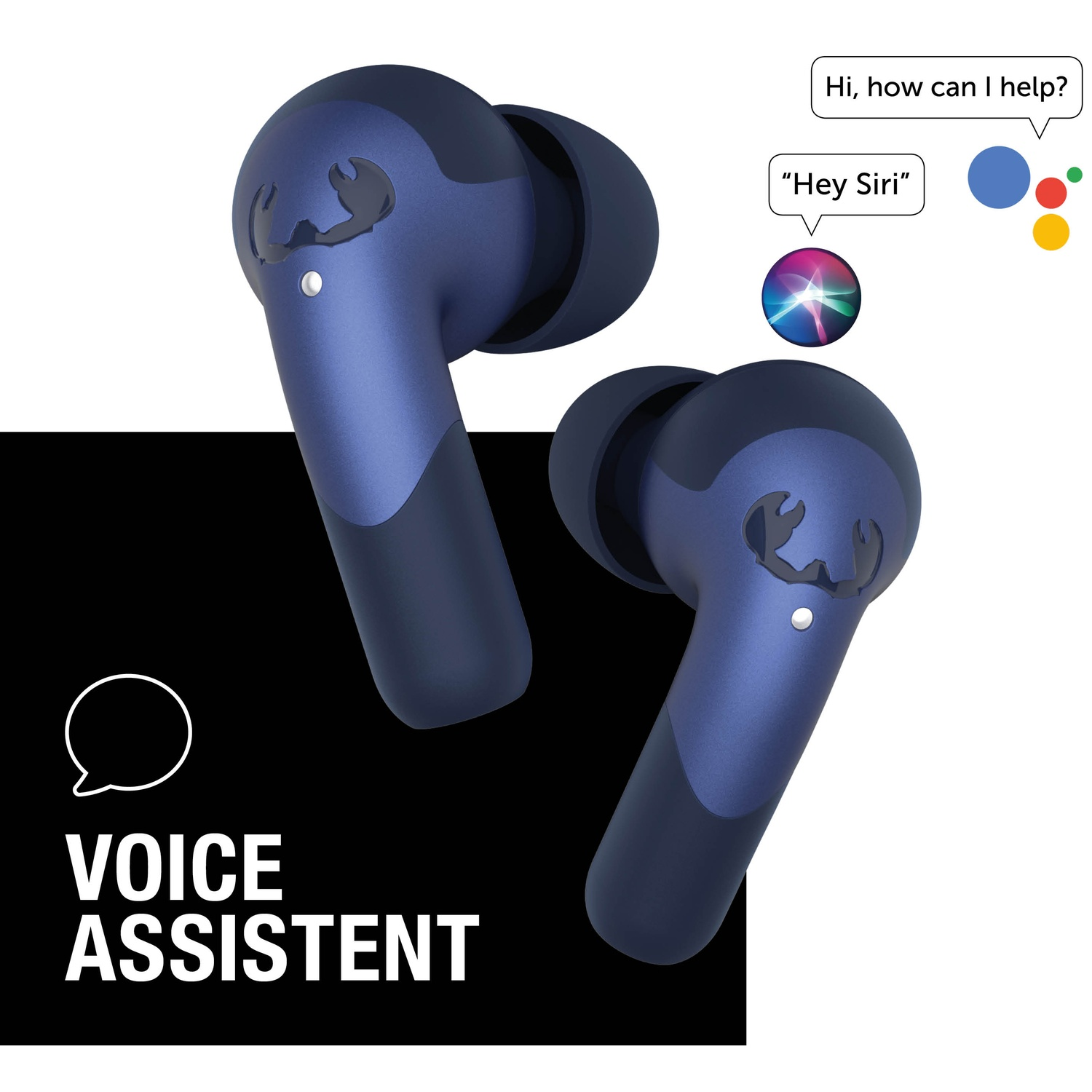 Twee blauwe draadloze oordopjes met spraakassistent-iconen en tekstballonnen op een zwart-witte achtergrond.