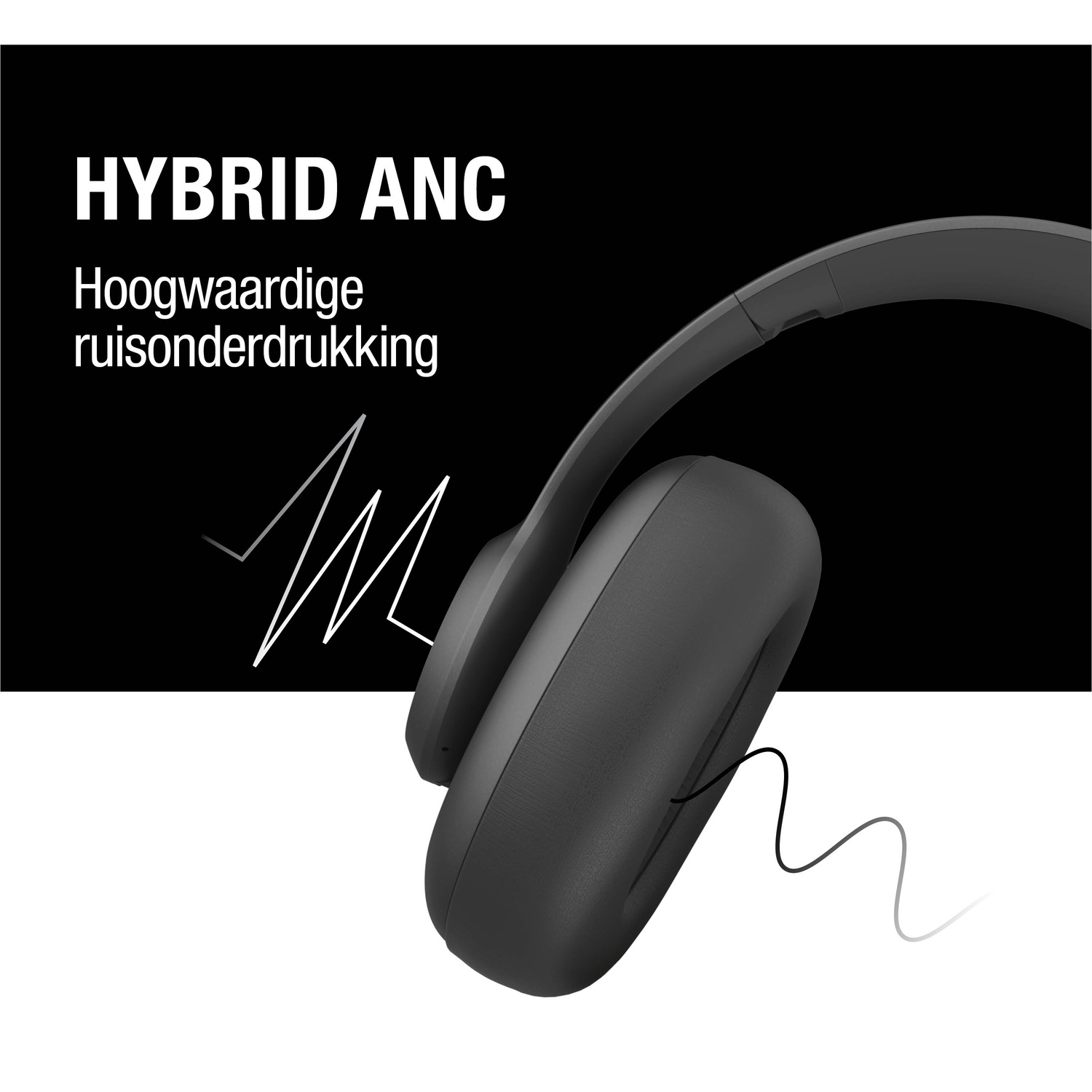 A black headphone is featured against a white background. The text reads 'HYBRID ANC' and 'High-quality noise reduction'.