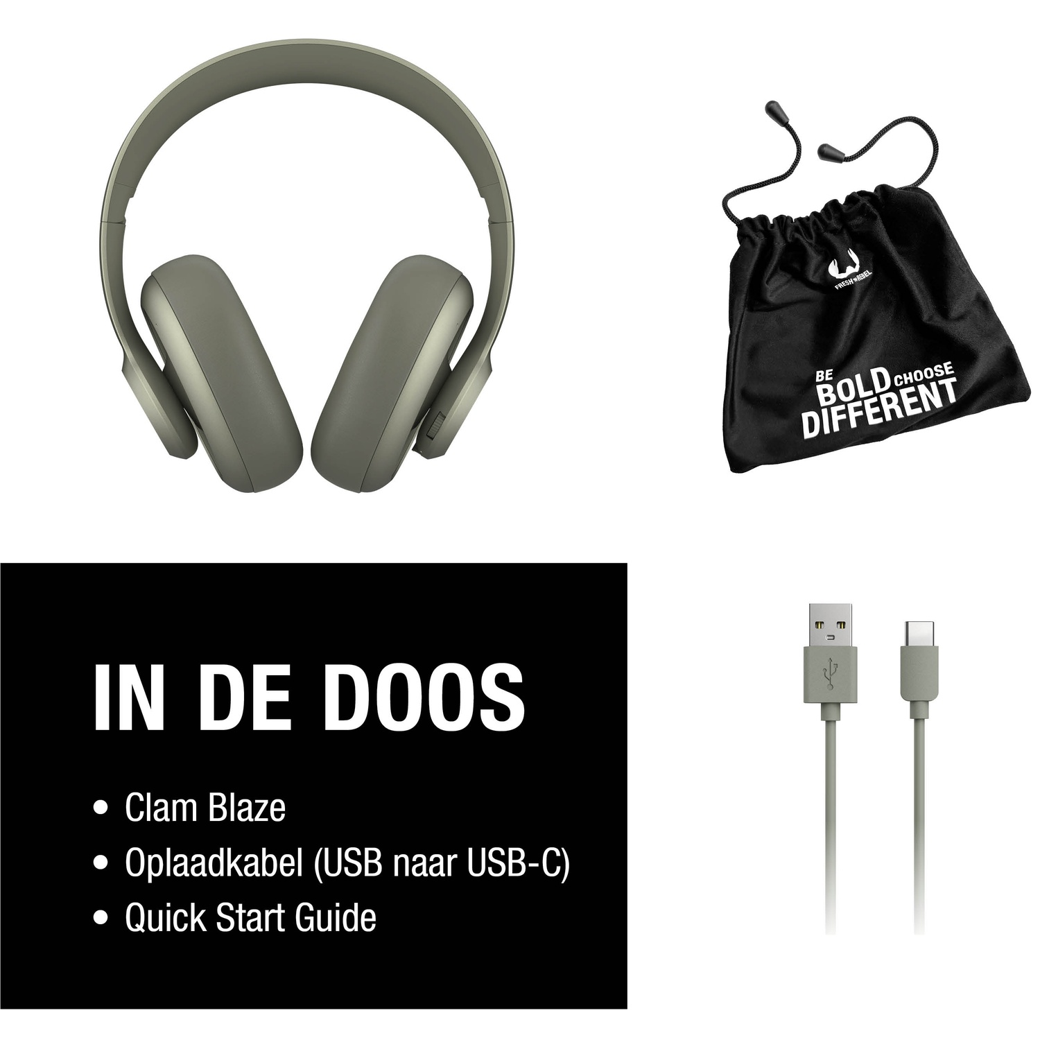 L'image montre un casque, un sac à cordon, un câble USB-C et une liste : Clam Blaze, câble de charge et guide de démarrage rapide.