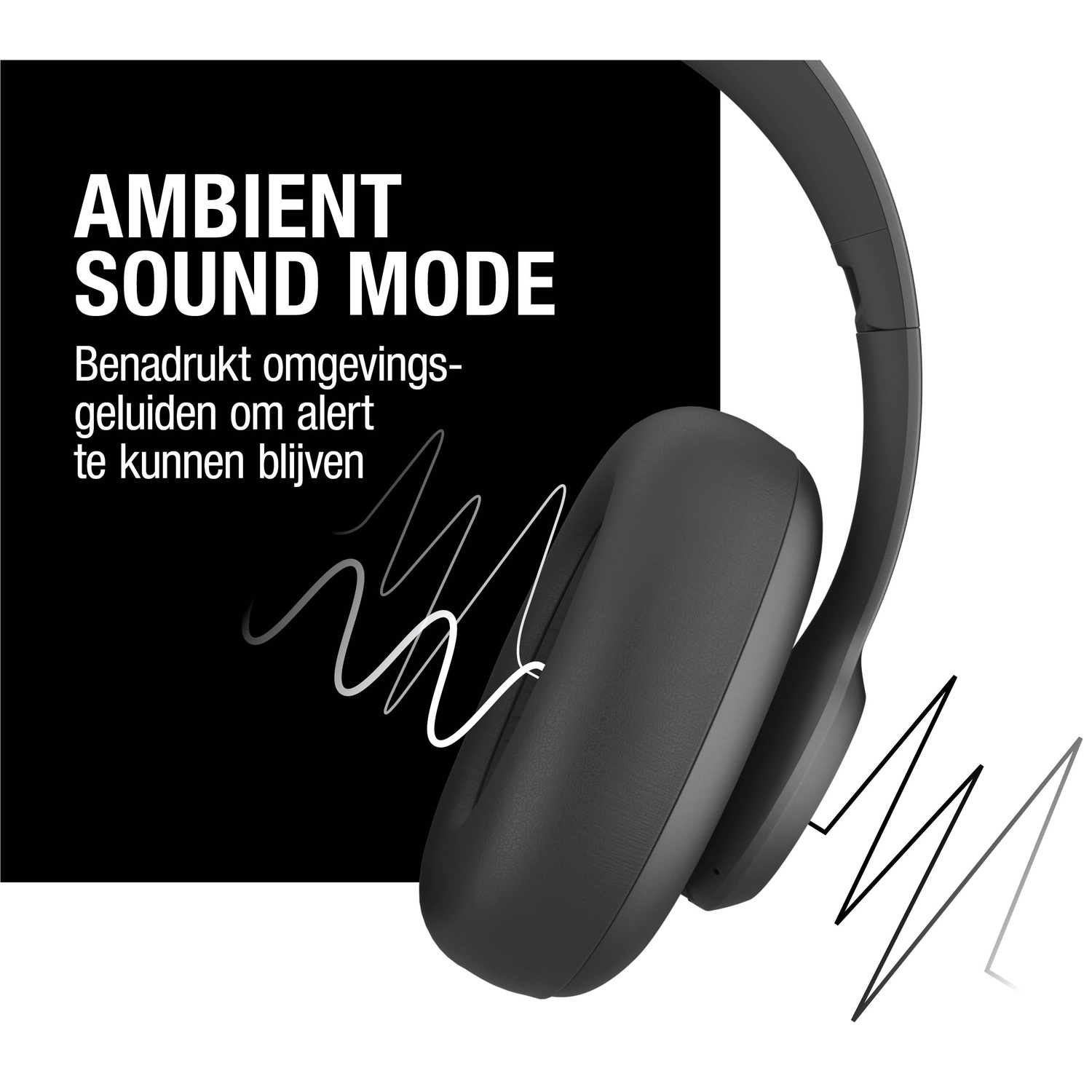 Black headphones with white sound waves on a white and black background, text reads 'AMBIENT SOUND MODE'.