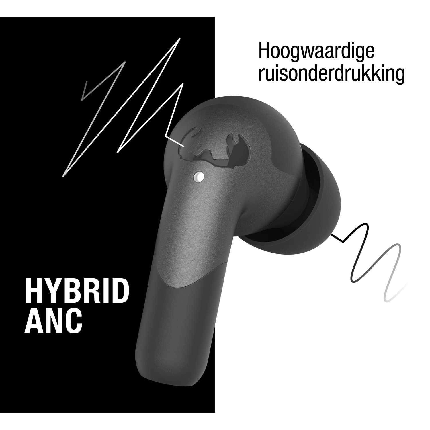 Een zwarte oortelefoon met 'HYBRID ANC' tekst op zwarte achtergrond. Witte lijnen en tekst 'Hoogwaardige ruisonderdrukking'.