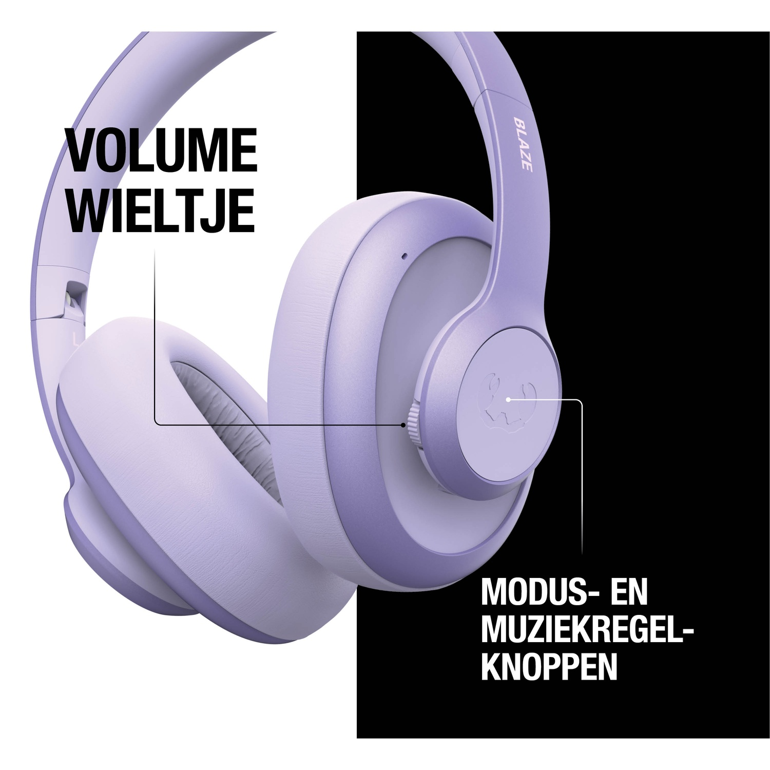 Een paarse Blaze-koptelefoon, met labels voor volumewiel en modus/muziekbedieningsknoppen, tegen een witte en zwarte achtergrond.