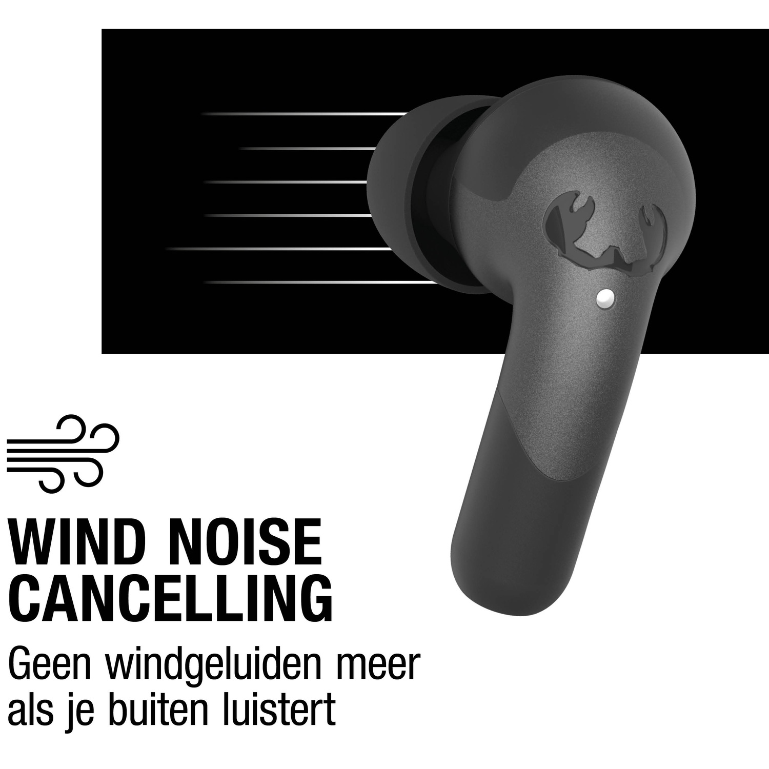 Zwarte oortelefoon met logo, tekst 'WIND NOISE CANCELLING' en Nederlandse tekst. Lijnen suggereren wind. Zwarte achtergrond.