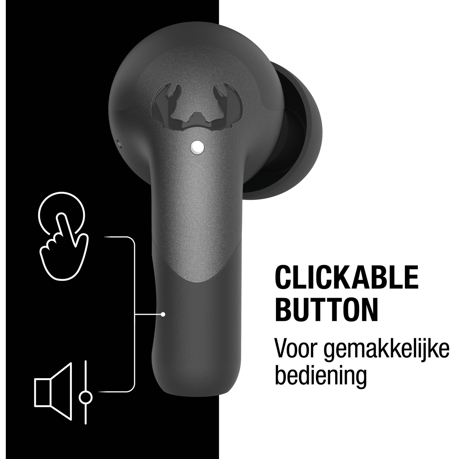 Zwarte oordop met een klikbare knop. Tekst: Clickable Button, Voor gemakkelijke bediening, hand- en luidsprekericonen.