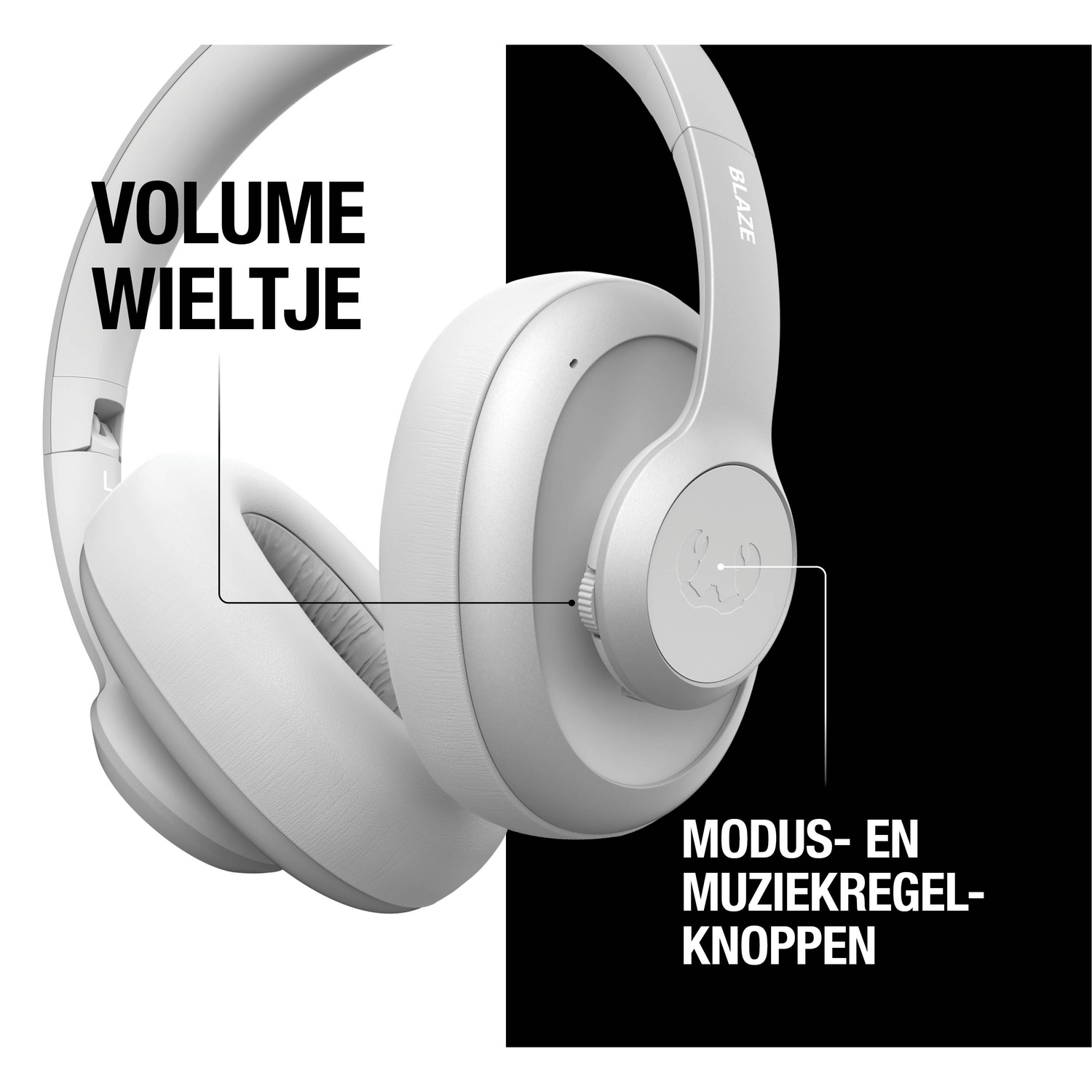 Casque blanc avec étiquettes de contrôle du volume et de la musique. Fond noir à droite, blanc à gauche.