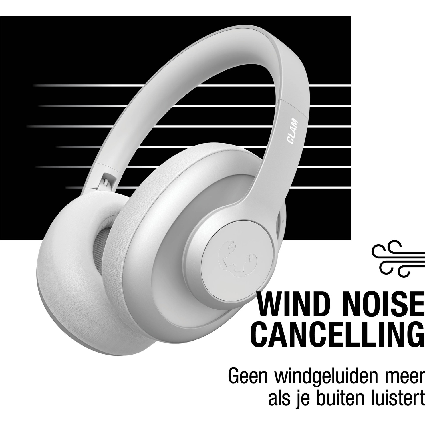 Casque blanc avec suppression du bruit sur fond noir. Texte : 'Wind Noise Cancelling'.