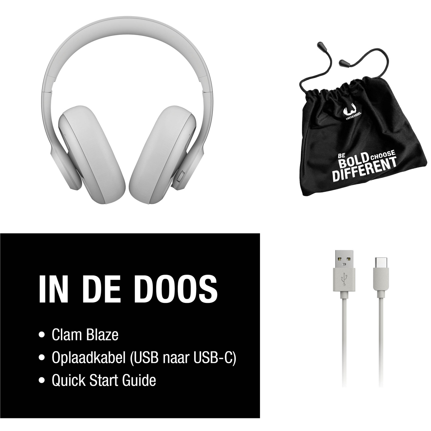 L'image montre un casque blanc, un sac noir avec du texte, un câble de charge et une liste de texte: Clam Blaze, câble de charge, guide de démarrage rapide.