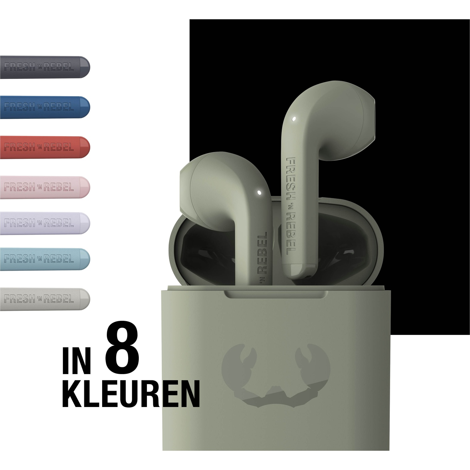 Oordopjes in een oplaadcase, met logo en tekst 'Fresh 'n Rebel'. Toont 8 kleuropties. De achtergrond is donker.