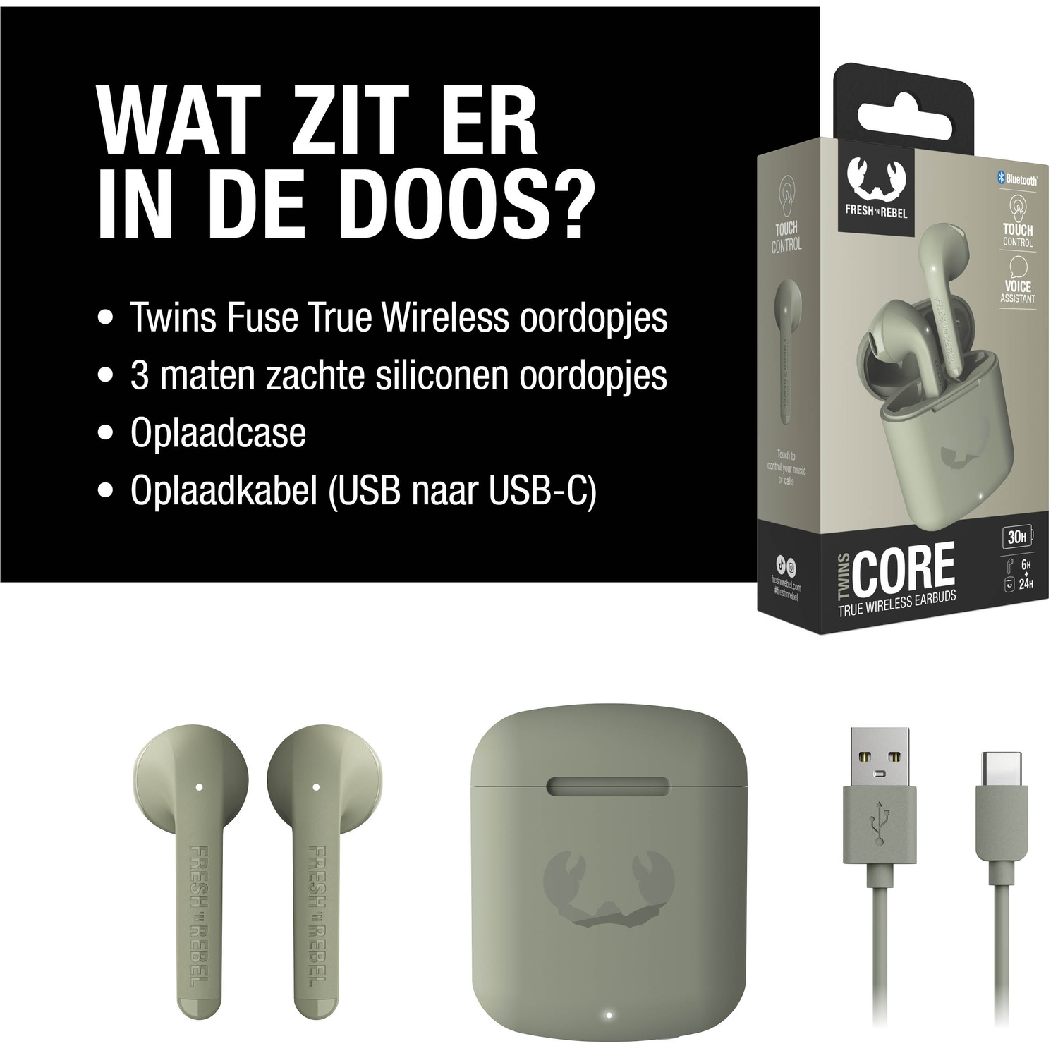 Afbeelding toont oordopjes, oplaadcase en oplaadkabel. Tekst vermeldt: oordopjes, siliconen tips, oplaadcase en kabel.
