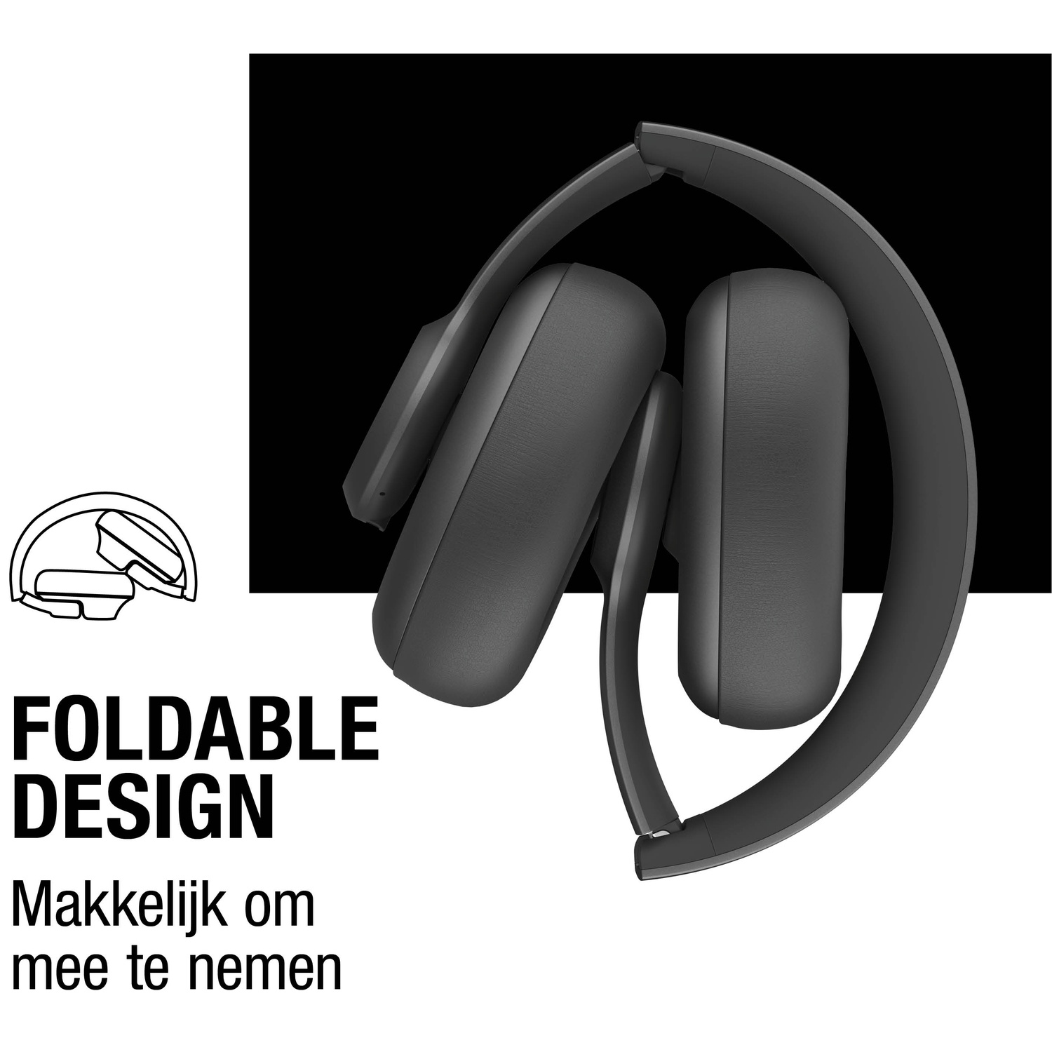 Opvouwbare zwarte koptelefoon op zwarte achtergrond. Tekst: 'Foldable design' en 'Makkelijk om mee te nemen'.