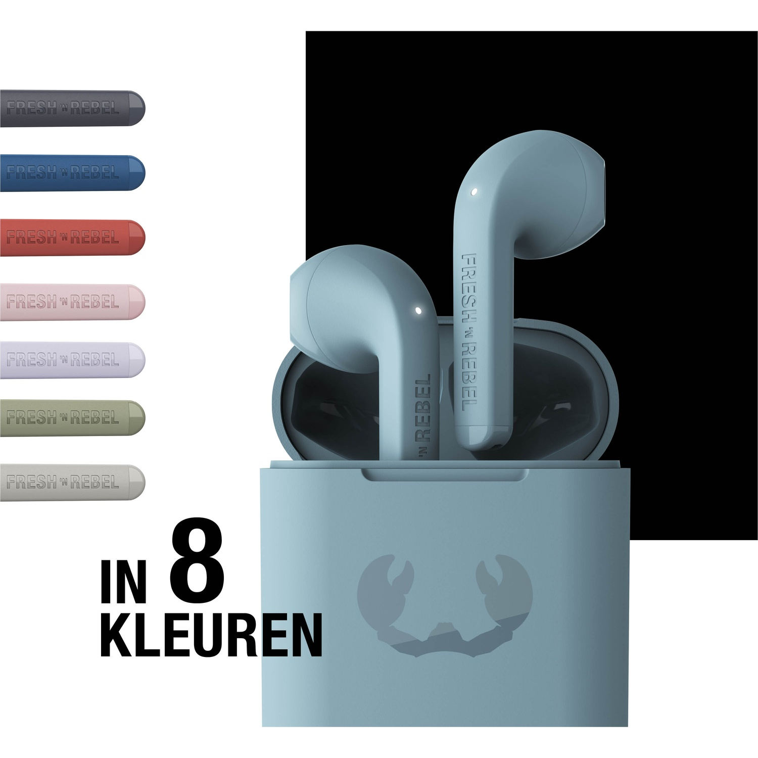 Blauwe oordopjes in een oplaadcase, met logo en tekst 'FRESH 'N REBEL'. Links zijn 8 kleuropties afgebeeld.