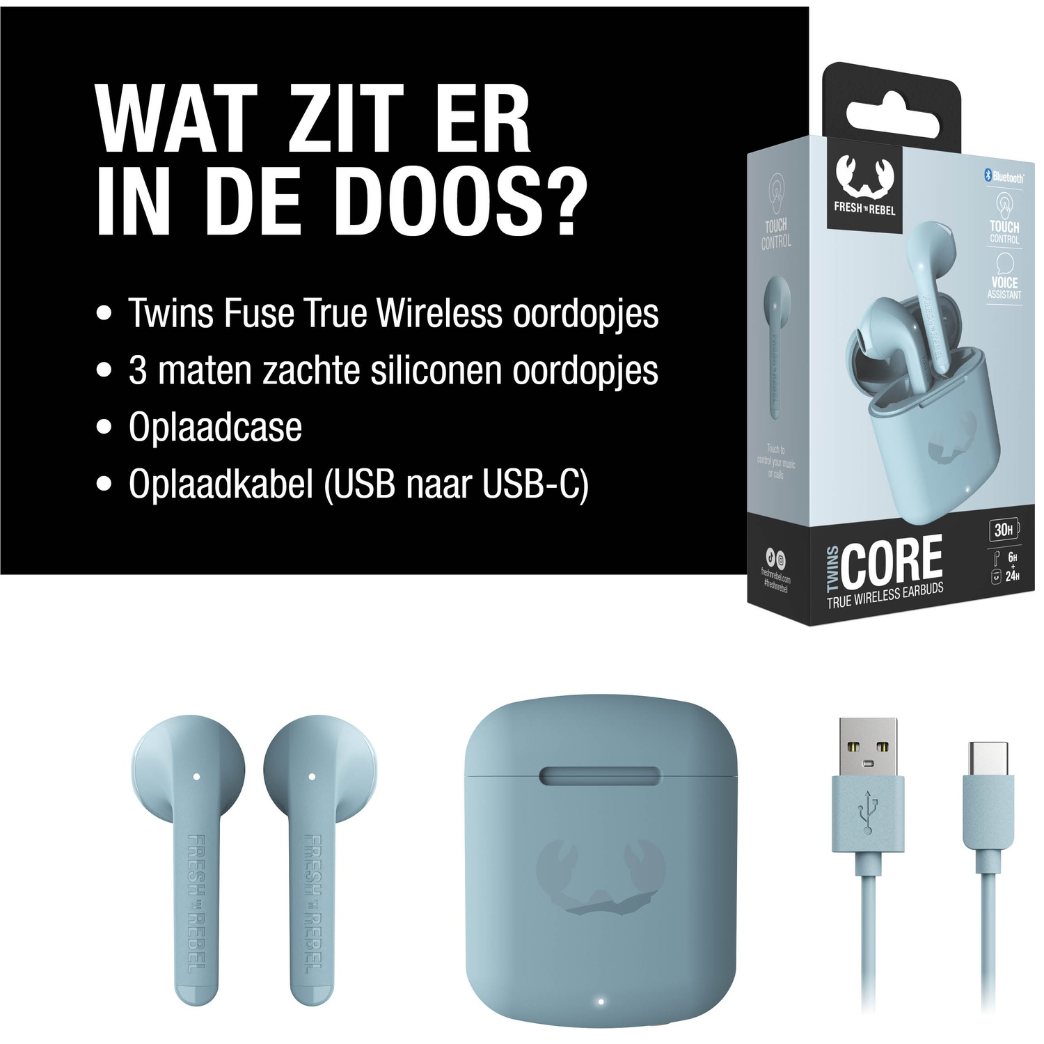 Afbeelding toont oortelefoons, oplaadcase en kabel. Tekst vermeldt: oortelefoons, siliconen tips, case en USB-C-kabel.