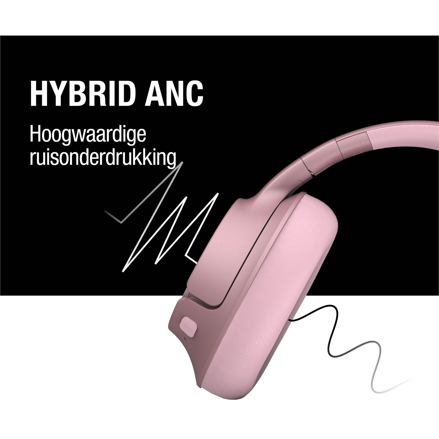 Roze koptelefoon met Hybrid ANC-tekst op een zwarte achtergrond. Witte lijnen en een zwarte kabel zijn ook aanwezig.