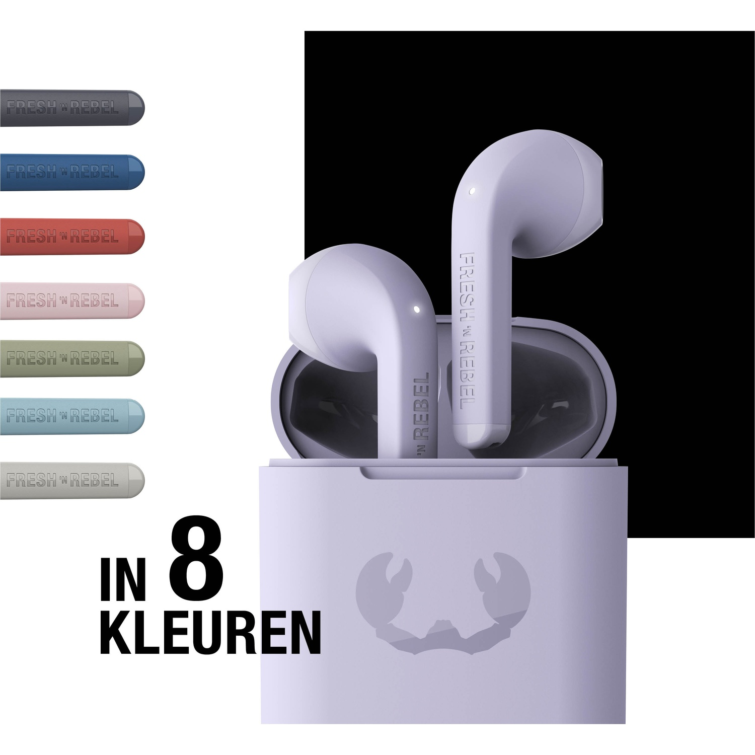 Afbeelding toont oortelefoons in een hoesje, met de tekst 'Fresh 'n Rebel' en 'In 8 kleuren'. Oortelefoons zijn in meerdere kleuren beschikbaar.
