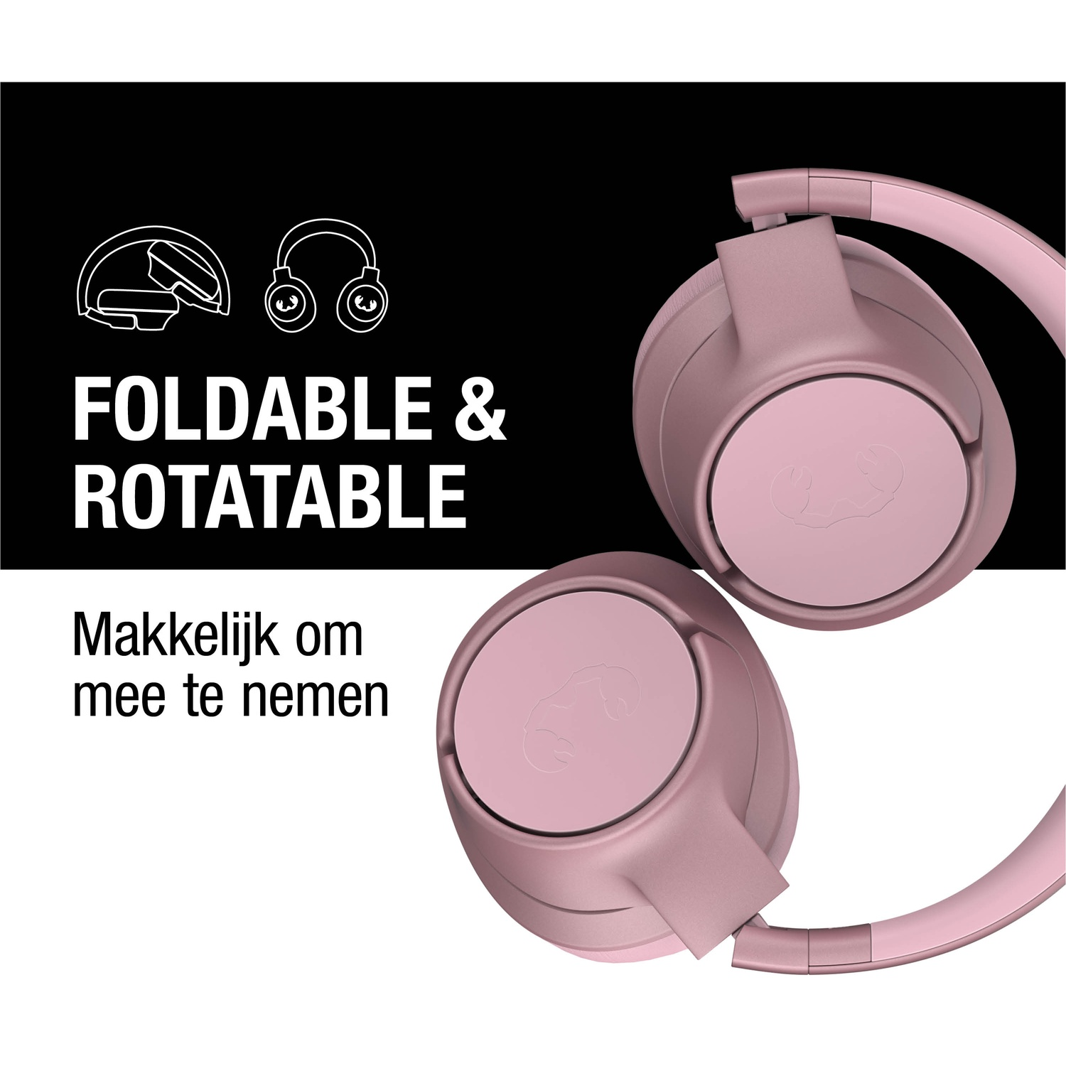 Roze koptelefoon op zwarte achtergrond. Tekst zegt 'Foldable & Rotatable' en 'Easy to carry'.