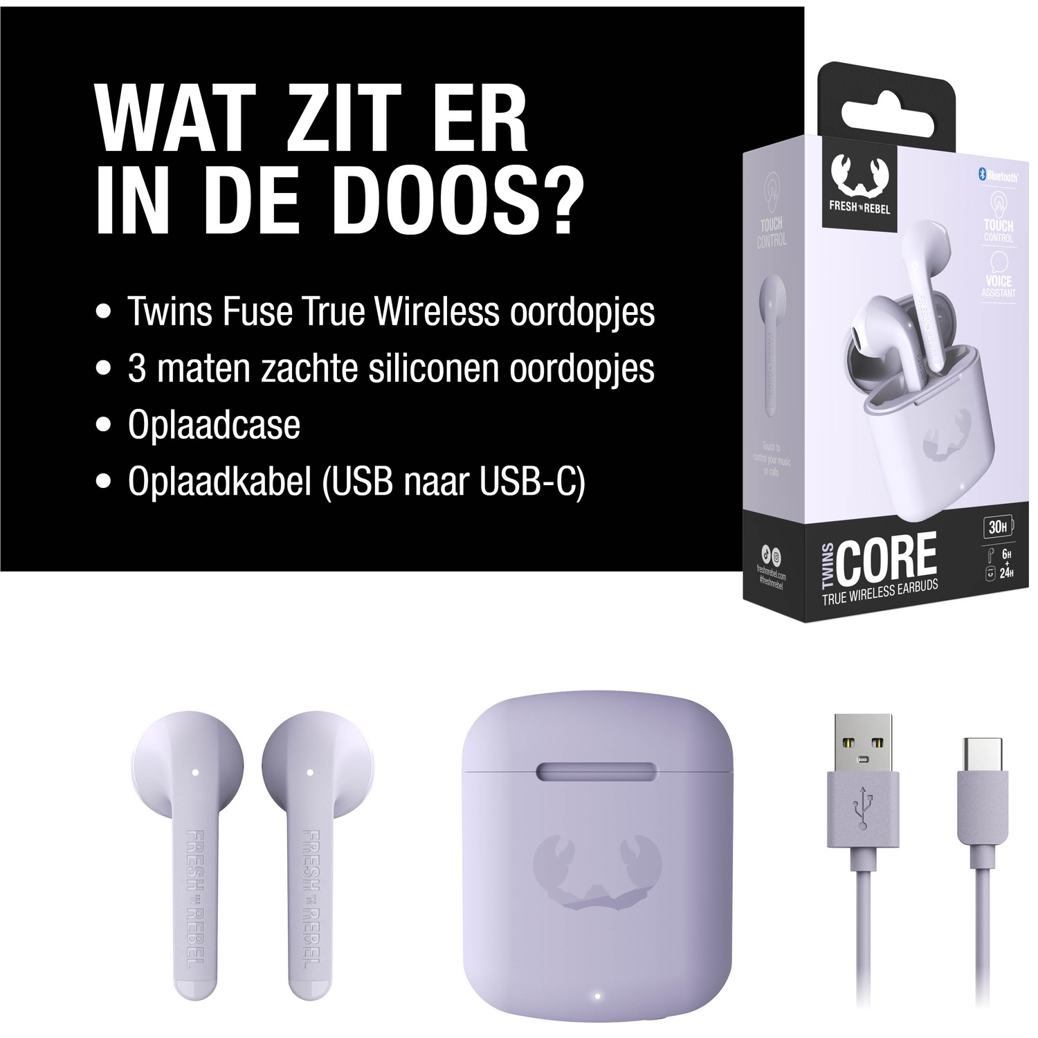Afbeelding toont oordopjes, oplaadcase en kabel. Tekst vermeldt: oordopjes, siliconen tips, oplaadcase en USB-C kabel.