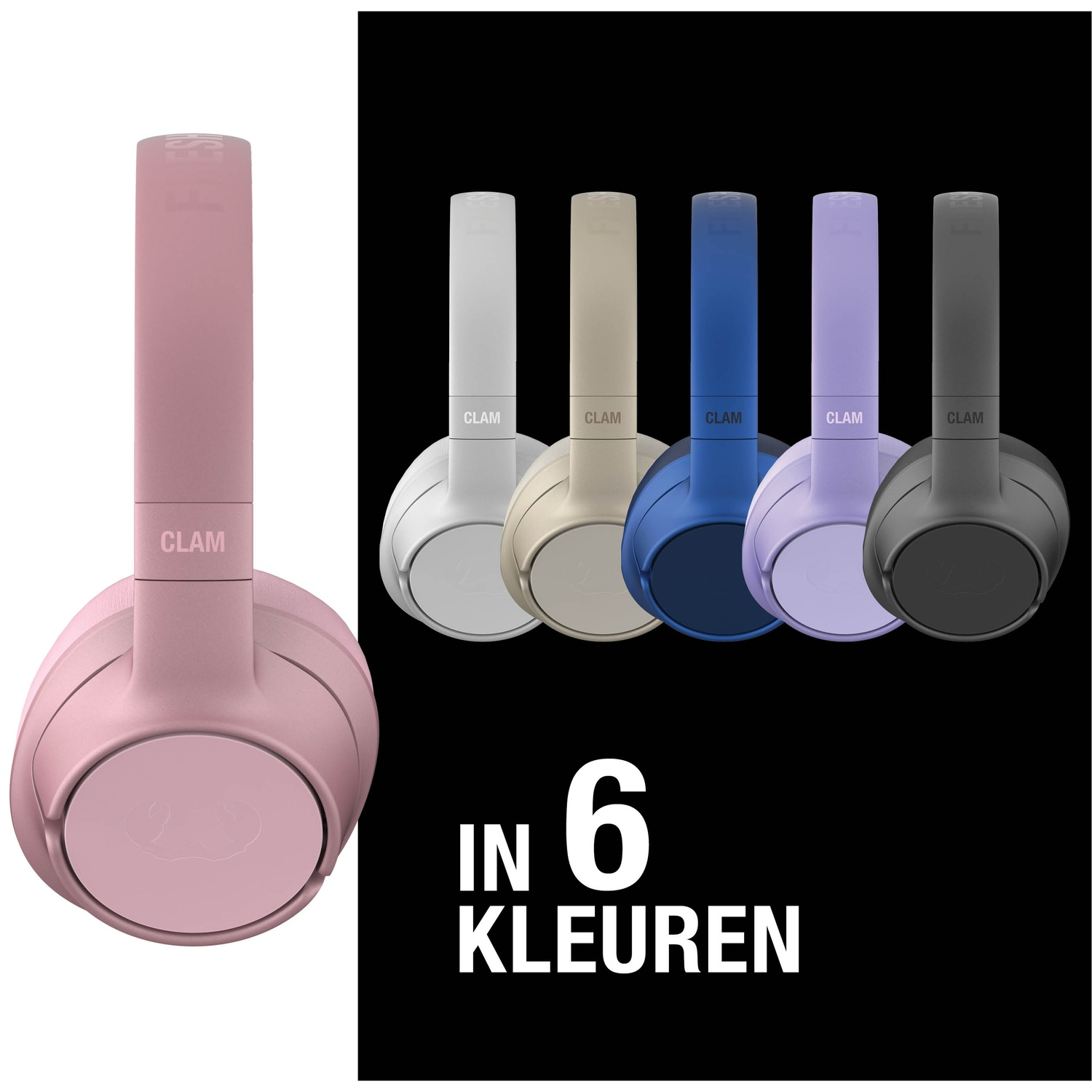 Roze koptelefoon links, 5 gekleurde koptelefoons in een rij rechts. Tekst 'IN 6 KLEUREN' onderaan. Zwarte achtergrond.