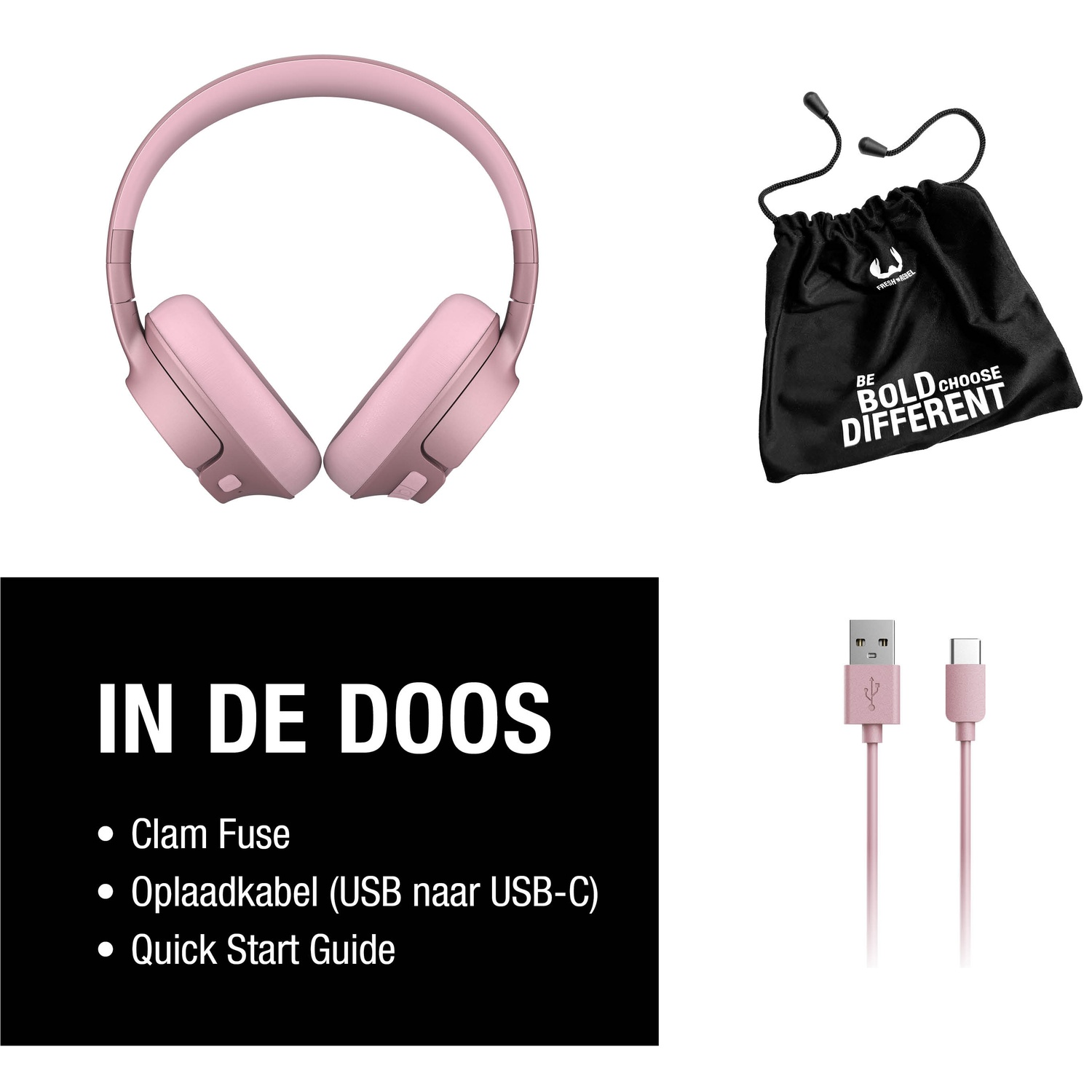 Roze koptelefoon, zwarte tas met witte tekst, roze USB-kabel en een tekstlijst op zwarte achtergrond: Clam Fuse, Oplaadkabel, Quick Start Guide.