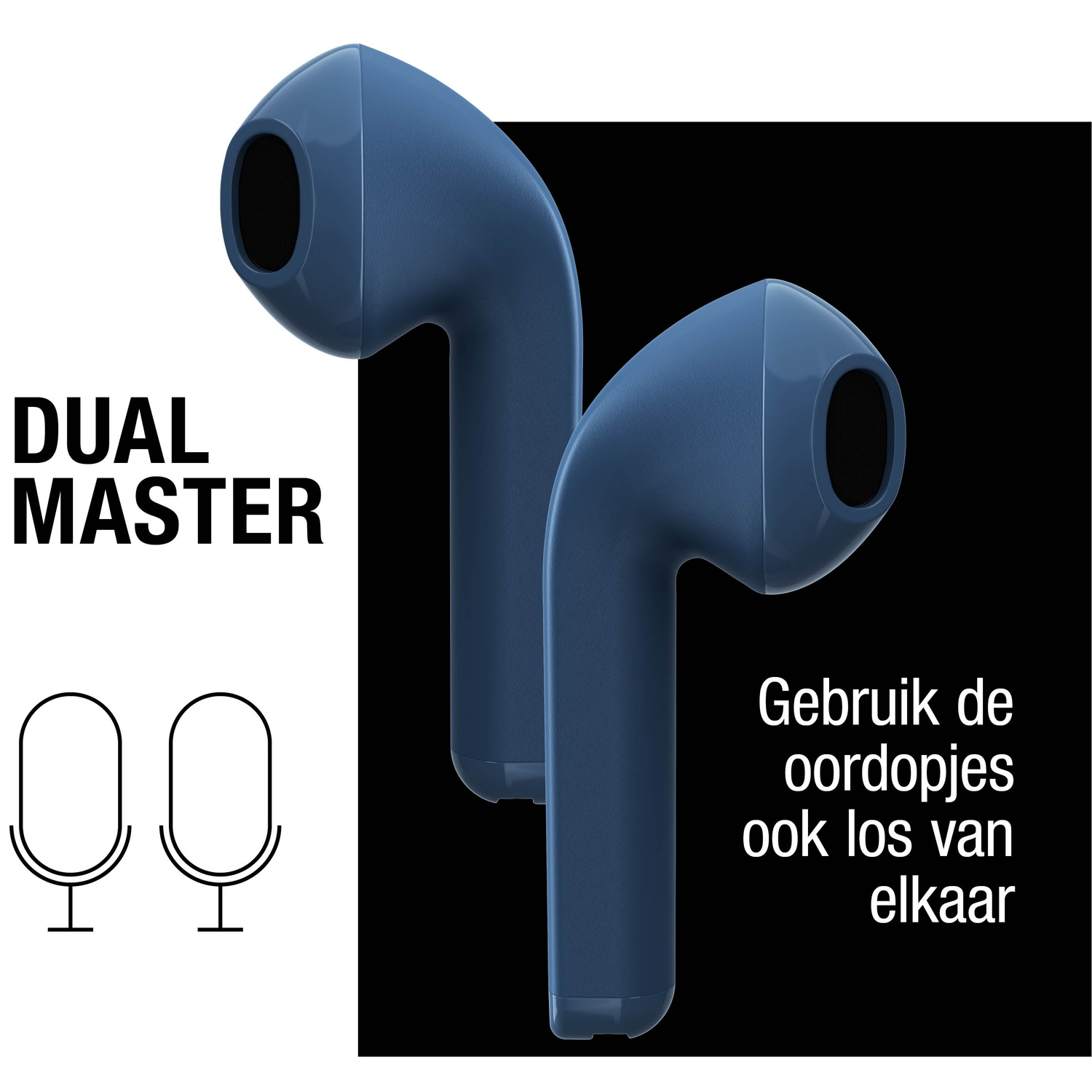 Two blue wireless earbuds on a black background. Text says 'Dual Master' and 'Gebruik de oordopjes ook los van elkaar'.