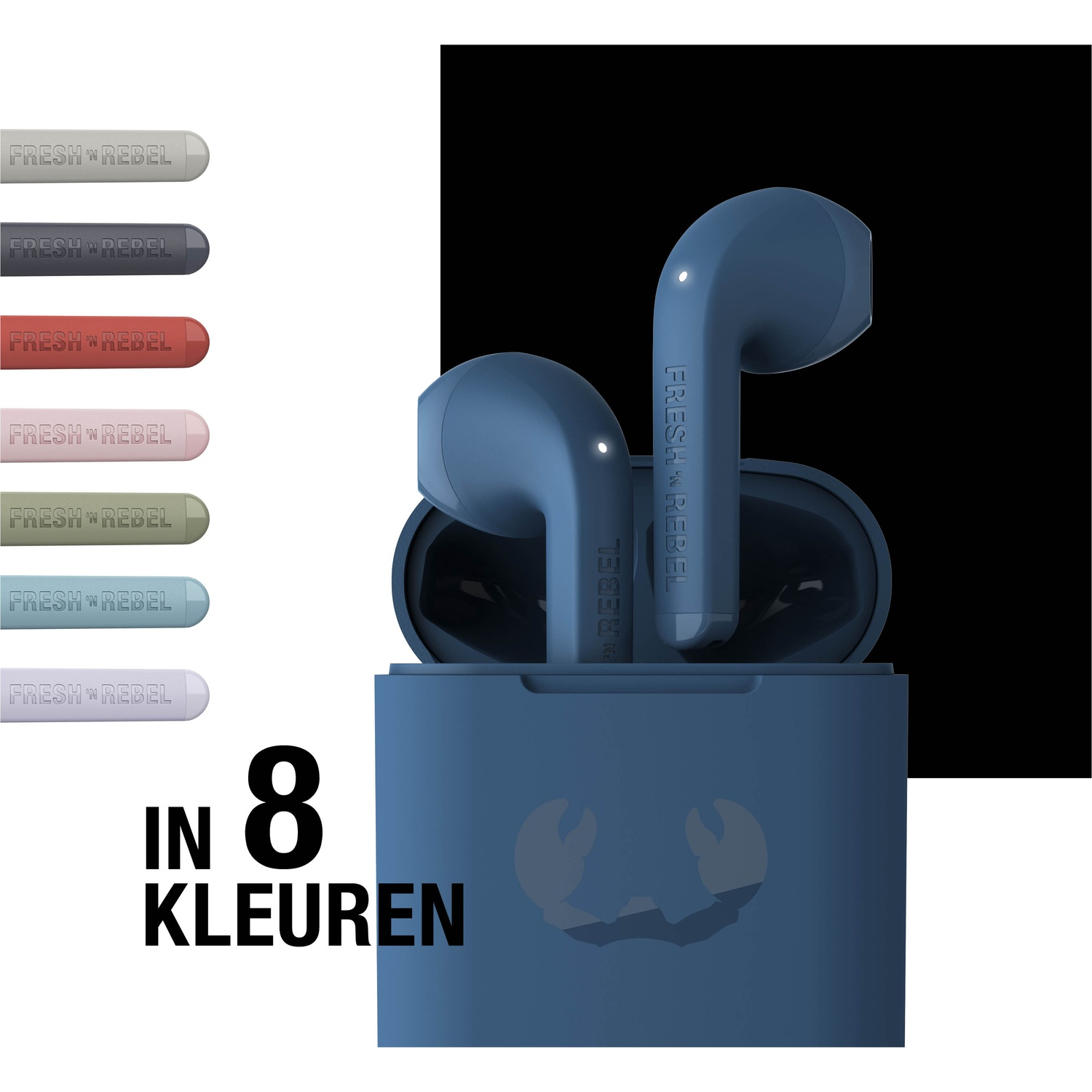 Blue wireless earbuds and charging case, with 'FRESH 'N REBEL' text. Displayed with 8 color options. Black background.