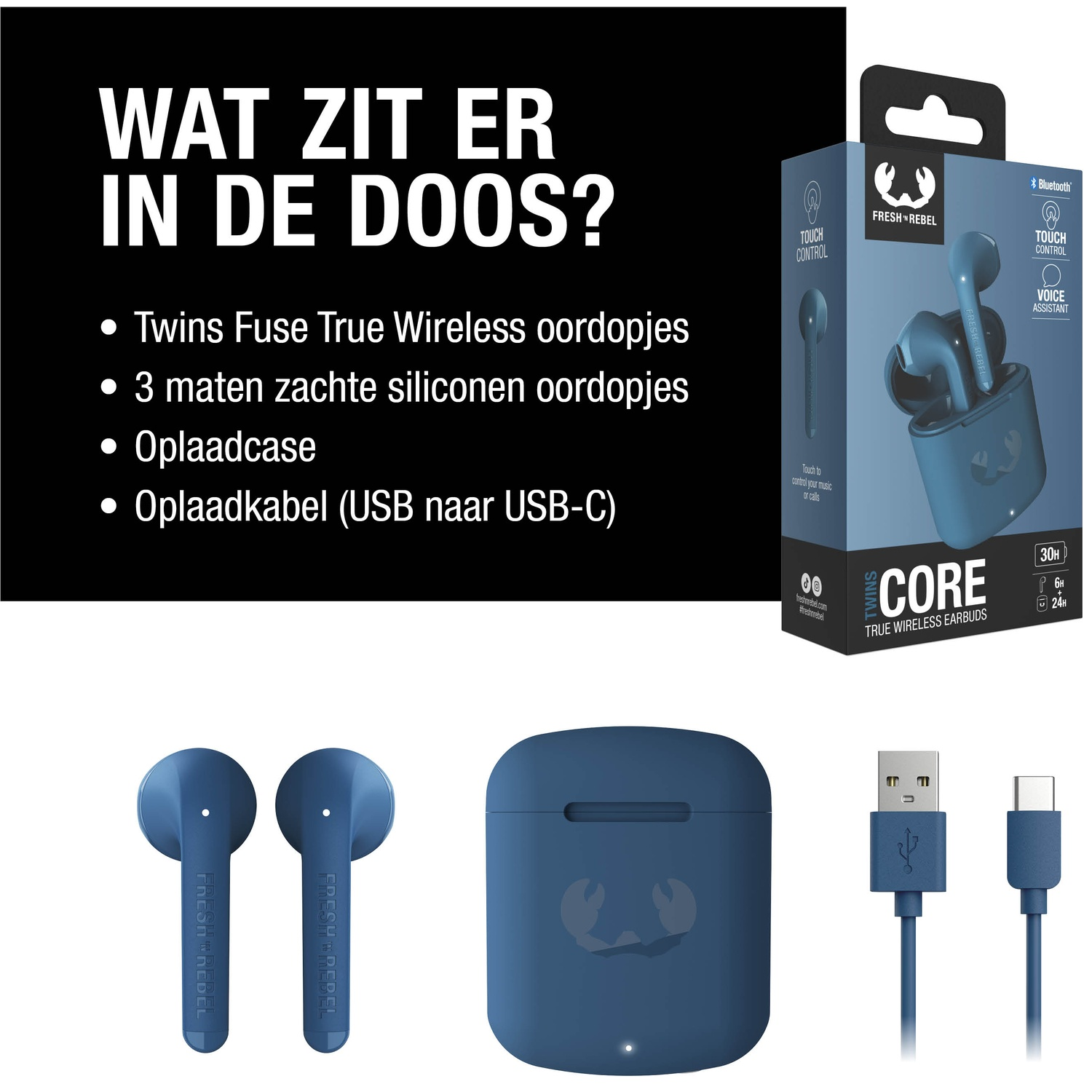 Image shows a blue Fresh 'n Rebel earbuds set. Includes earbuds, charging case, and USB-C cable. Text on the box. 