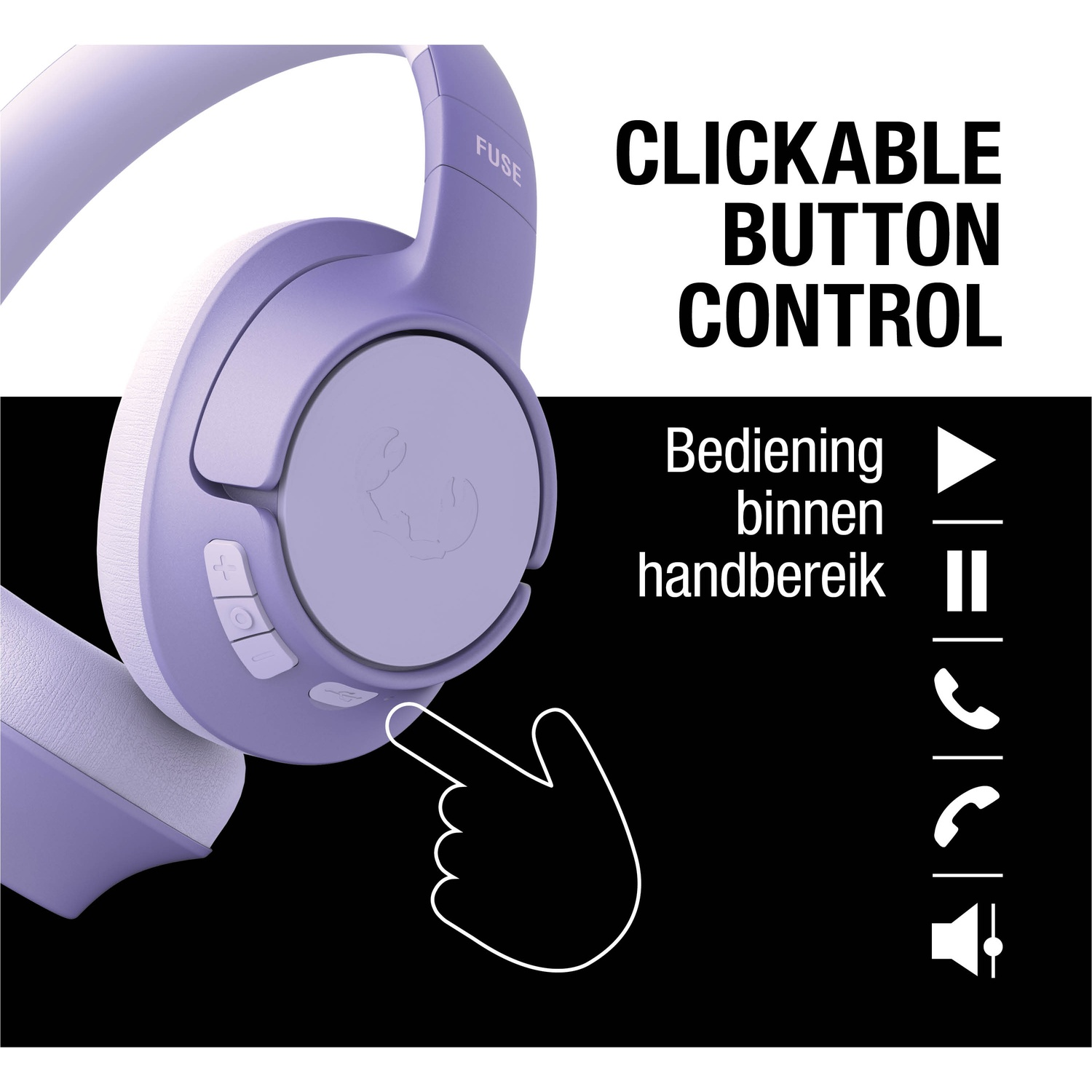 A purple headset with clickable button control. A hand icon points to a button. Text in Dutch says, Bediening binnen handbereik.