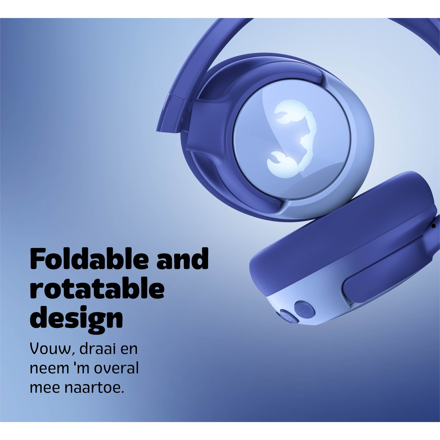 Over-ear headphones, purple and white, with a scorpion symbol on the ear cup, text says 'Foldable and rotatable design'.