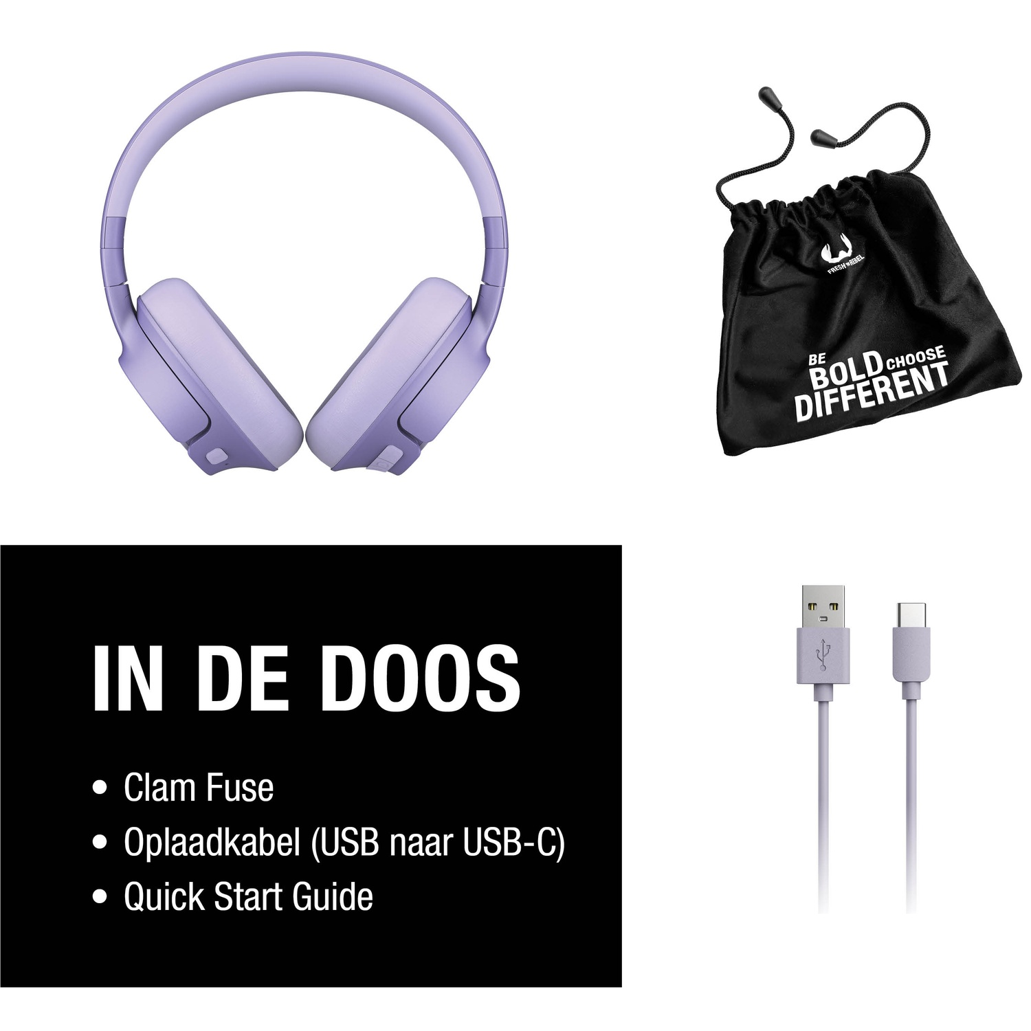 Image shows purple headphones, a black bag with white text, a black box with text, and a charging cable.